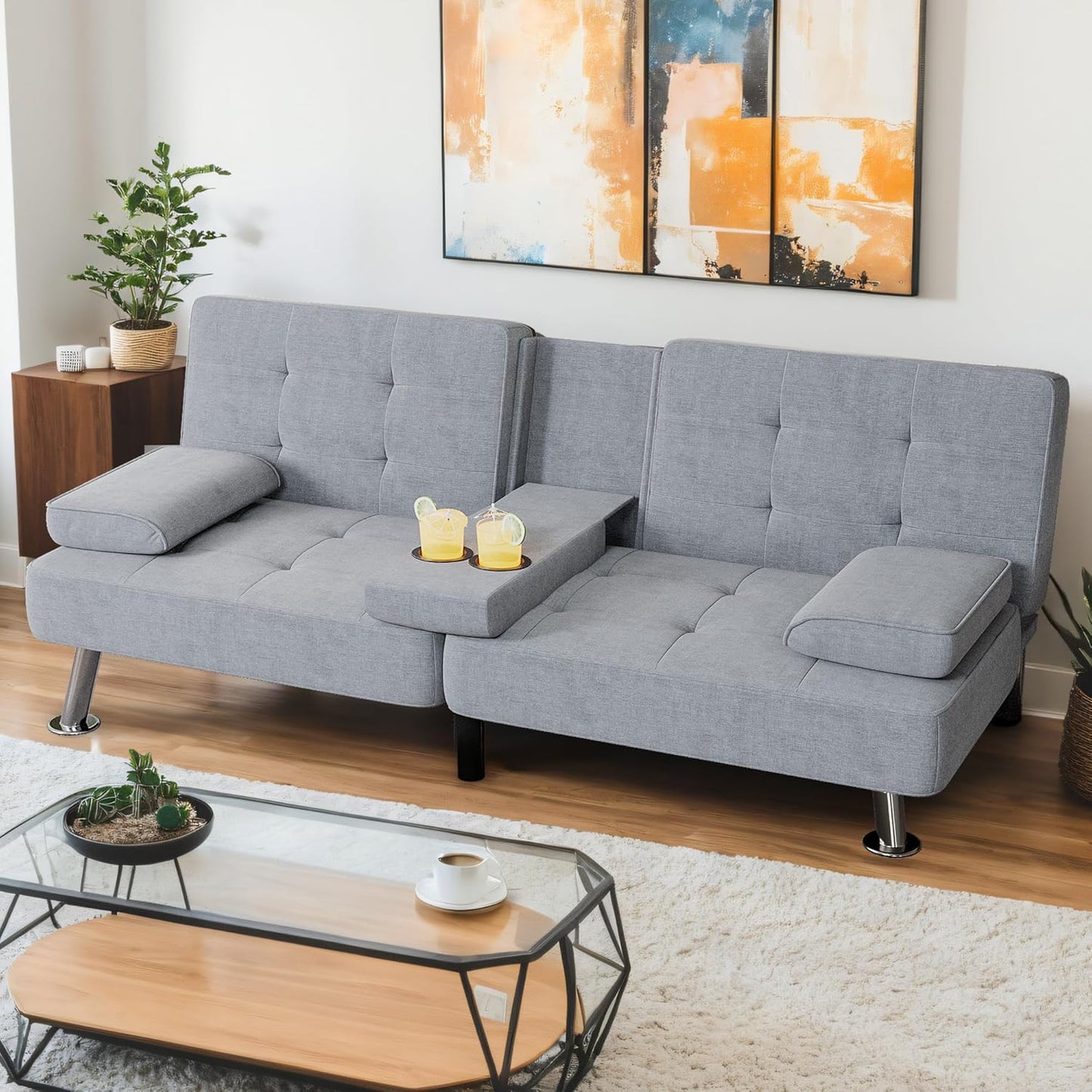 Shahoo Modern Linen Upholstered Convertible Folding Futon Sofa Bed with Removable Armrests, Metal Legs, 2 Cup Holders for Living Room