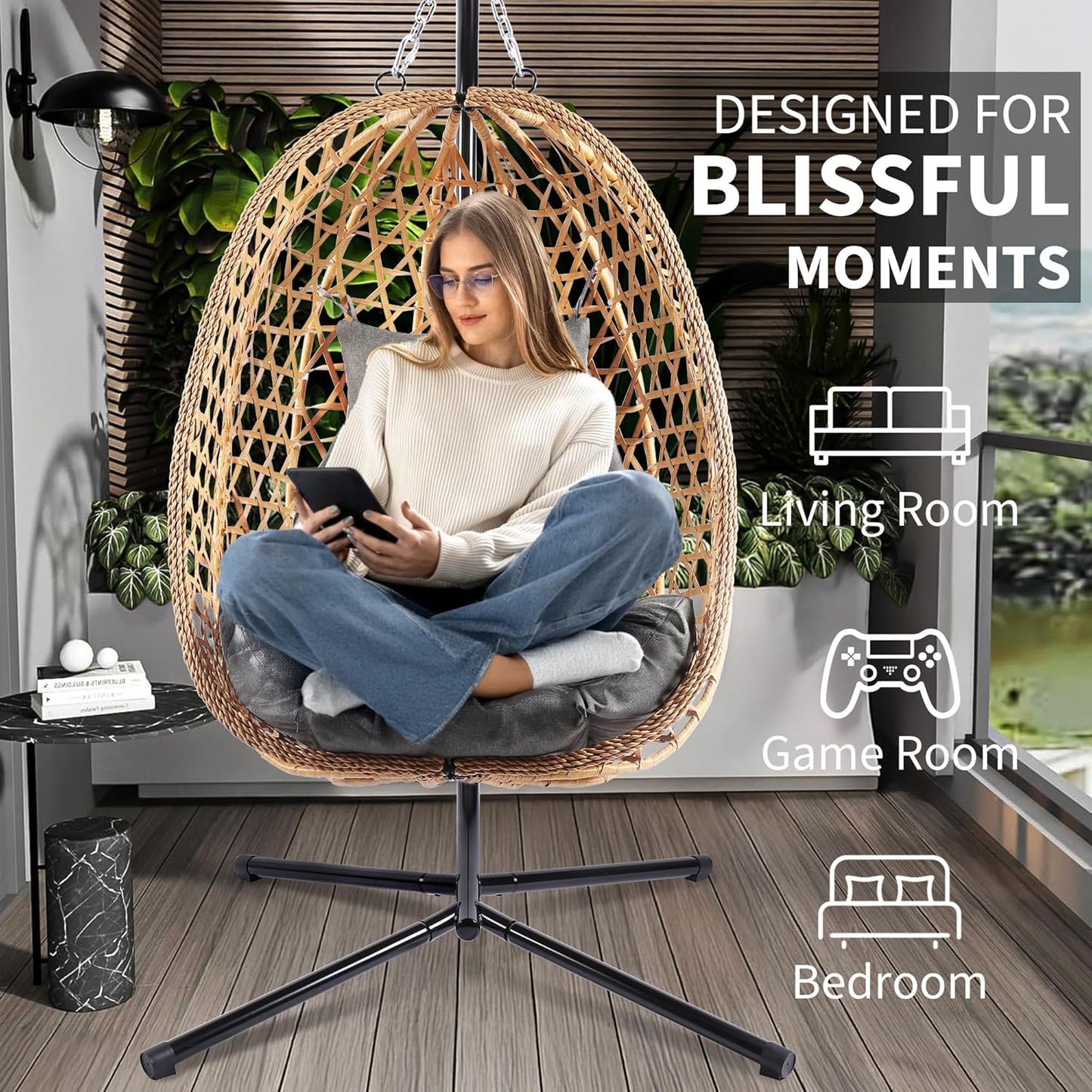 Egg Chair with Stand, Patio Wicker Hanging Chair, Hammock Swing Chair, 350LBS Capacity for Bedroom, Balcony, Garden