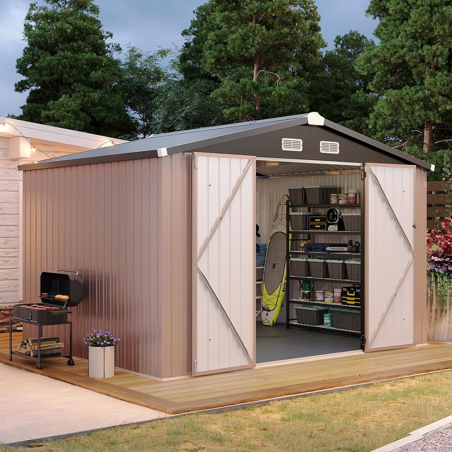 Aoxun 7.4x5.3FT Shed with Floor Galvanized Steel Outdoor Storage Shed Metal Garden Shed with Double Doors, 15mm Moisture-Proof Floor & Ventilation, Sloped Roof for Bike/Generator/Tool Storage (Brown)