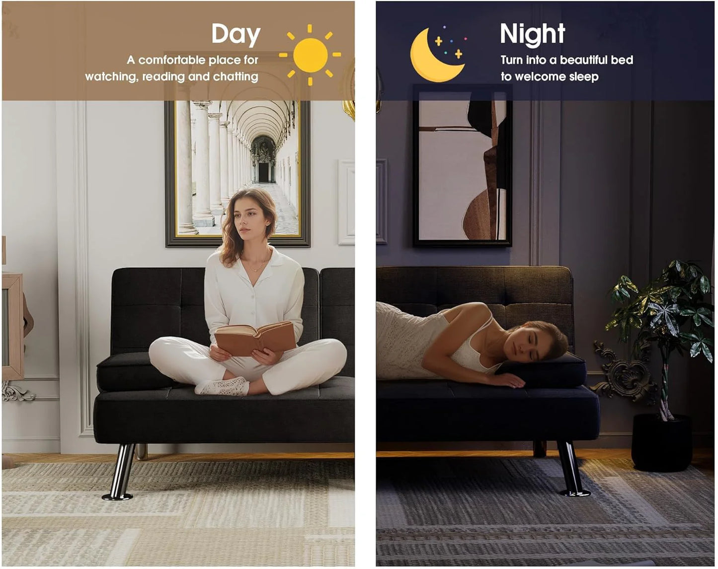 Flamaker Futon Sofa Bed Modern Folding Futon Set Convertible Recliner Lounge for Living Room with 2 Cup Holders, Removable Armrests (PU Leather, Black)