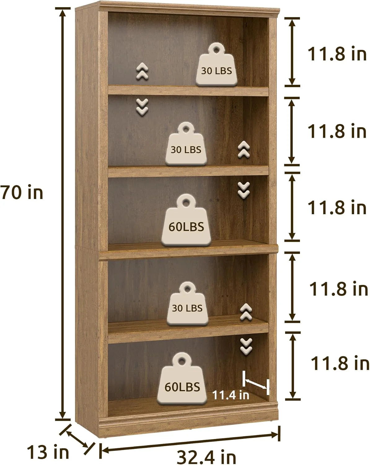 70-Inch Tall White Bookcase 5 Tiers Shelves Open Storage Bookshelf