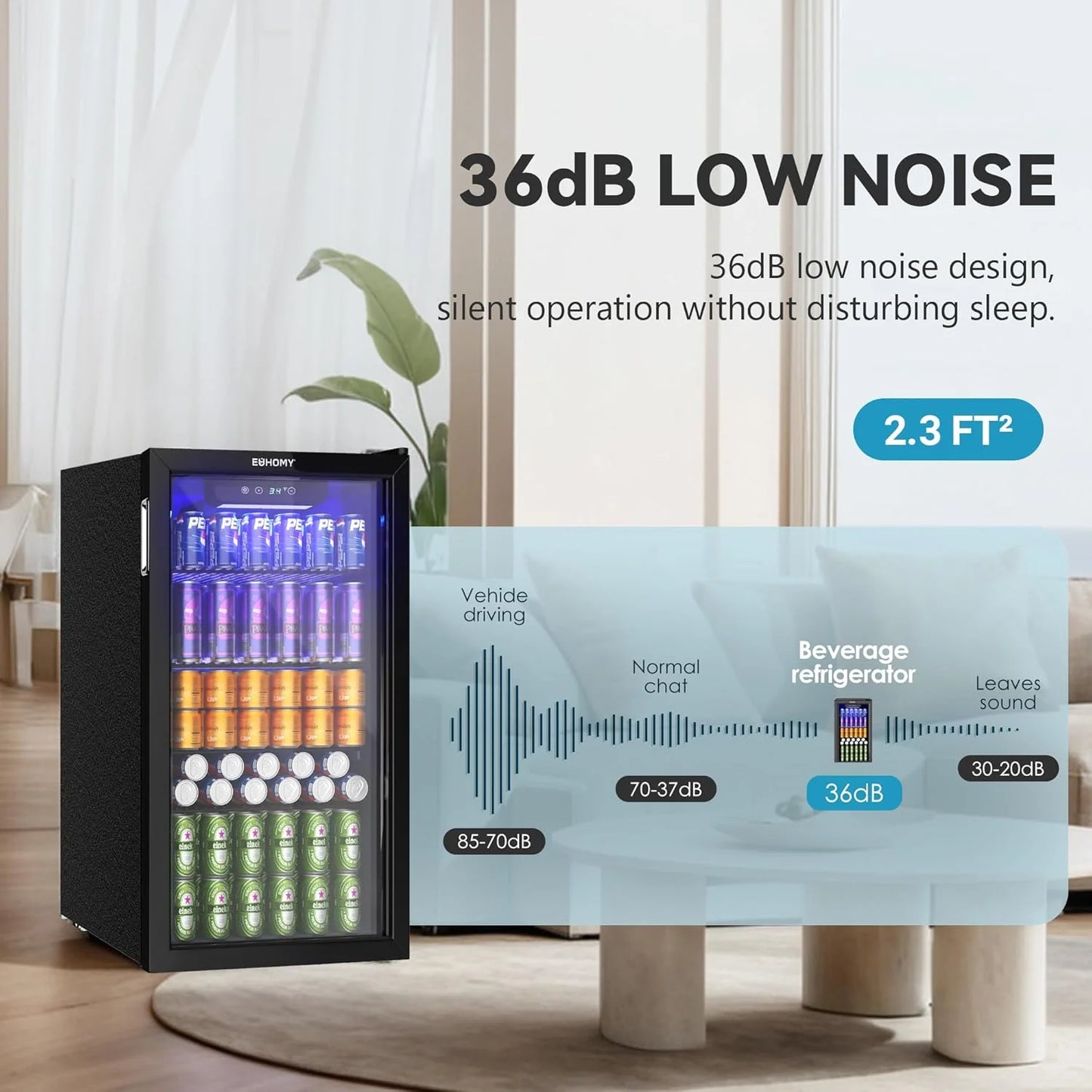 EUHOMY Beverage Refrigerator Cooler, 130 Can Mini Fridge with Glass Door for Soda Beer or Wine, Beverage Cooler for Home, Office, Bar with Adjustable Removable Shelves, Silver