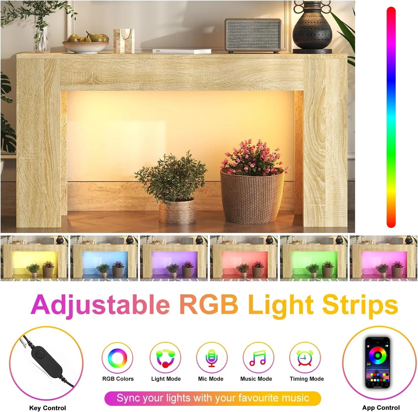 63-Inch Long Console Table with LED Light Farmhouse Sofa Table Behind Couch