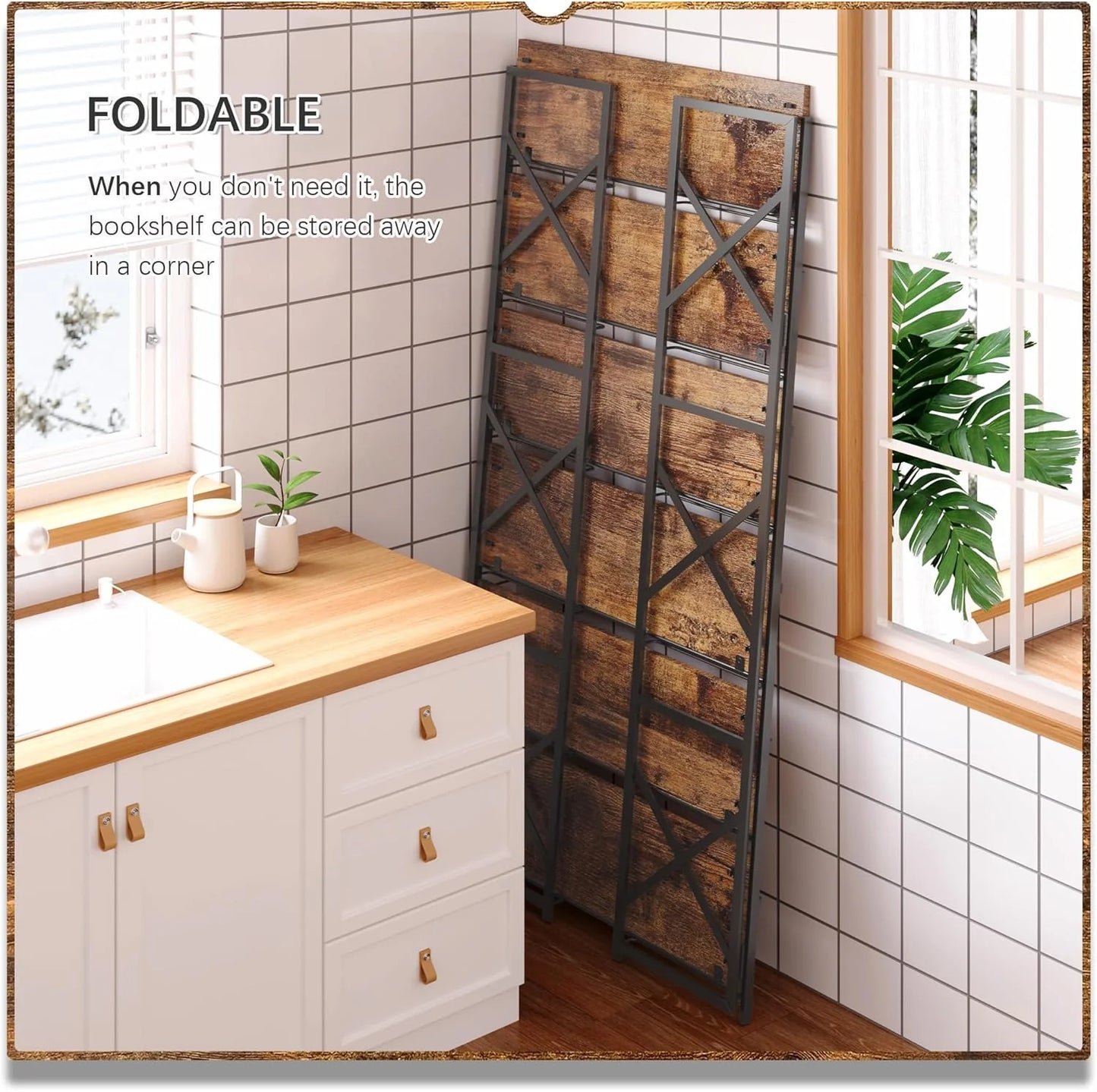 5 Tiers No Assembly Book Shelves 51.2" H Folding Bookshelf Bookcase