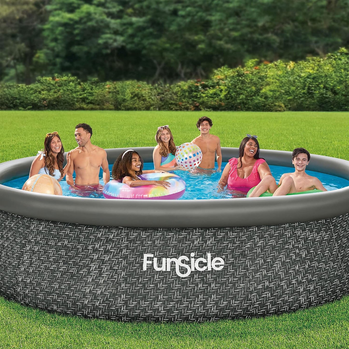 Funsicle 12 Foot by 36 Inch Quickset Round Inflatable Ring Top Outdoor Above Ground Swimming Pool Set with Pump and Cartridge Filter, Dark Herringbone