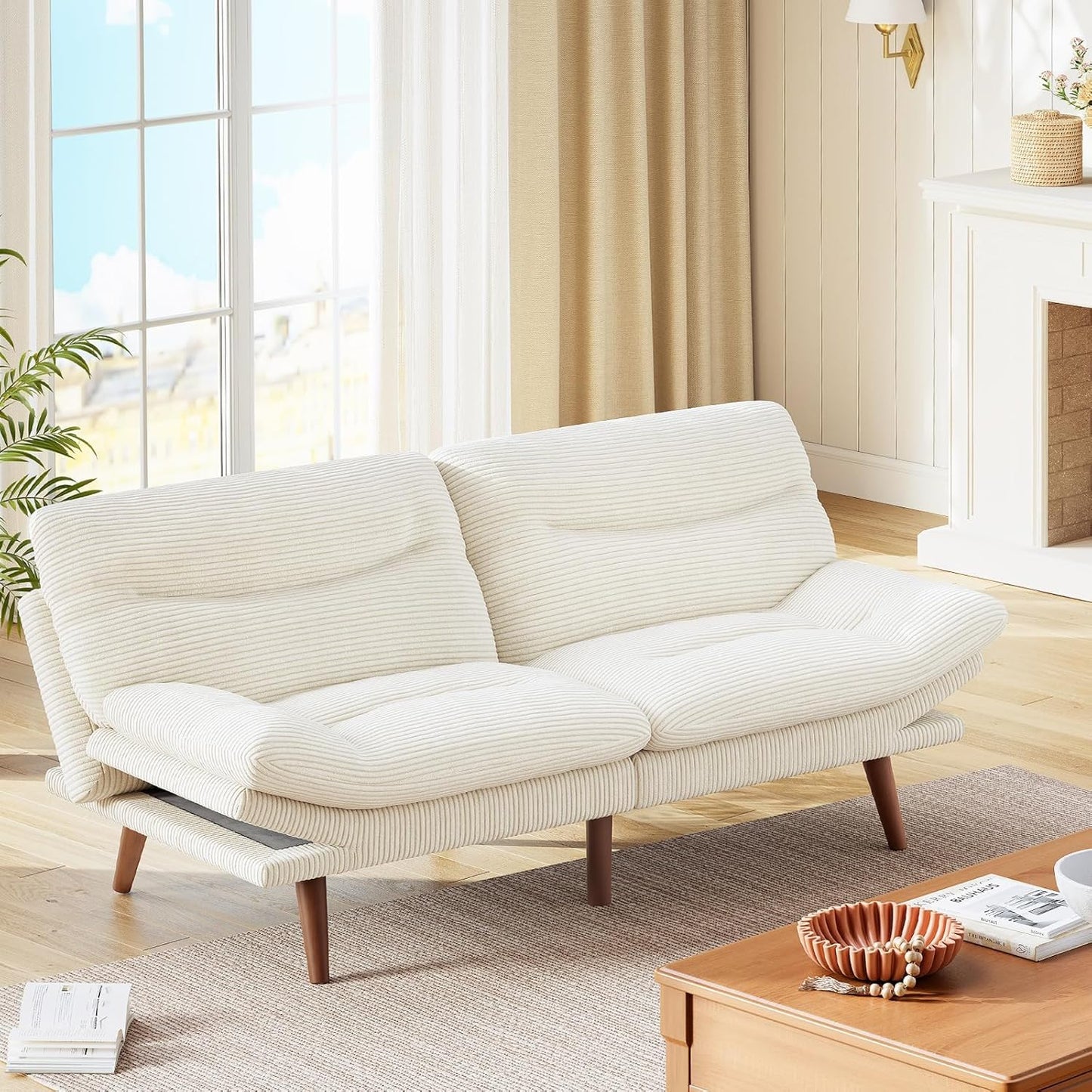 Futon Sofa Bed, Futon Sofa with Adjustable Back and Armrests, Converts to Small Sleeper Sofa Bed Corduroy Loveseat Green