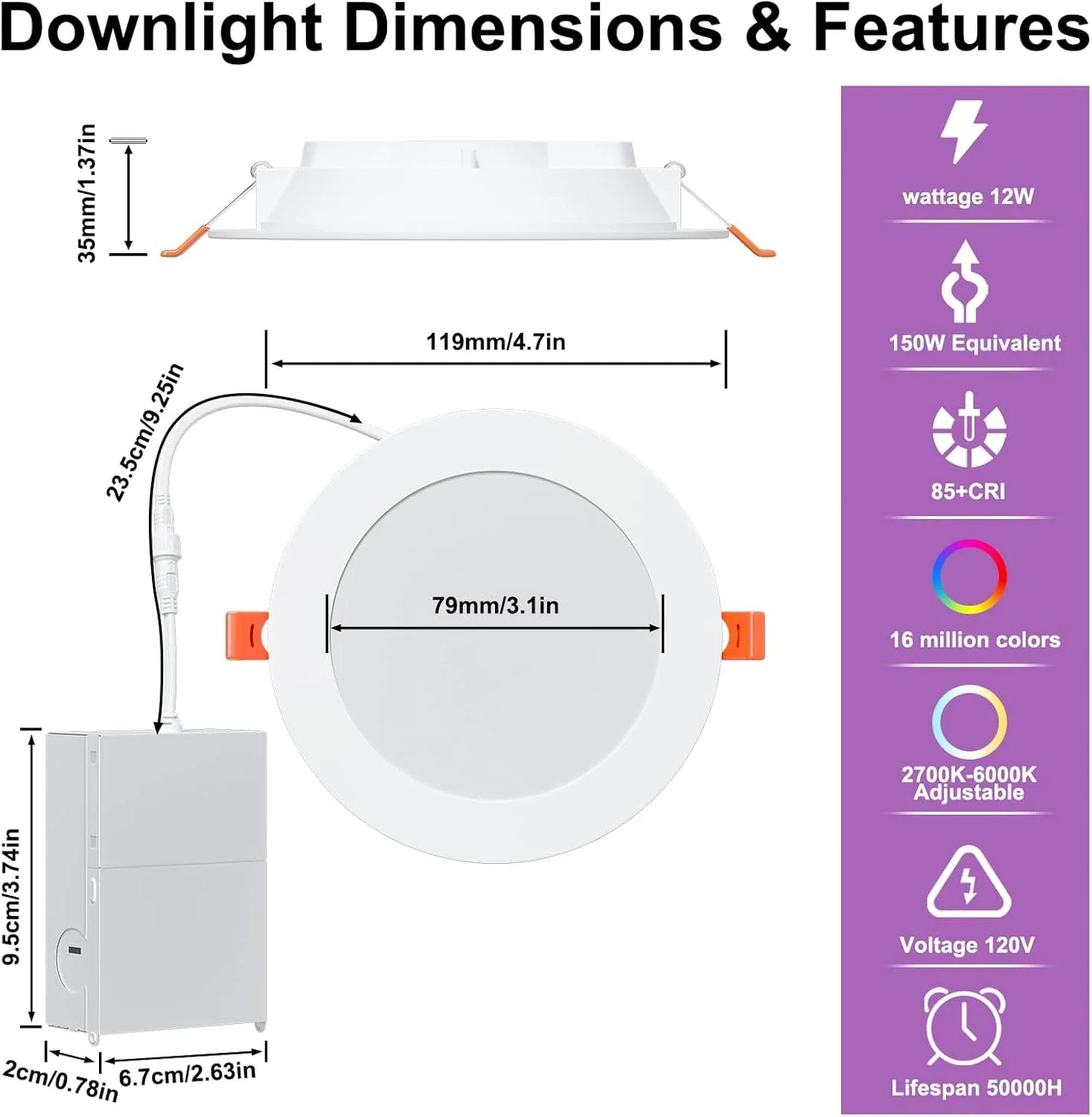 Smart Recessed Lighting 4" RGBCW Color Changing 12W LED Downlight with Junction Box