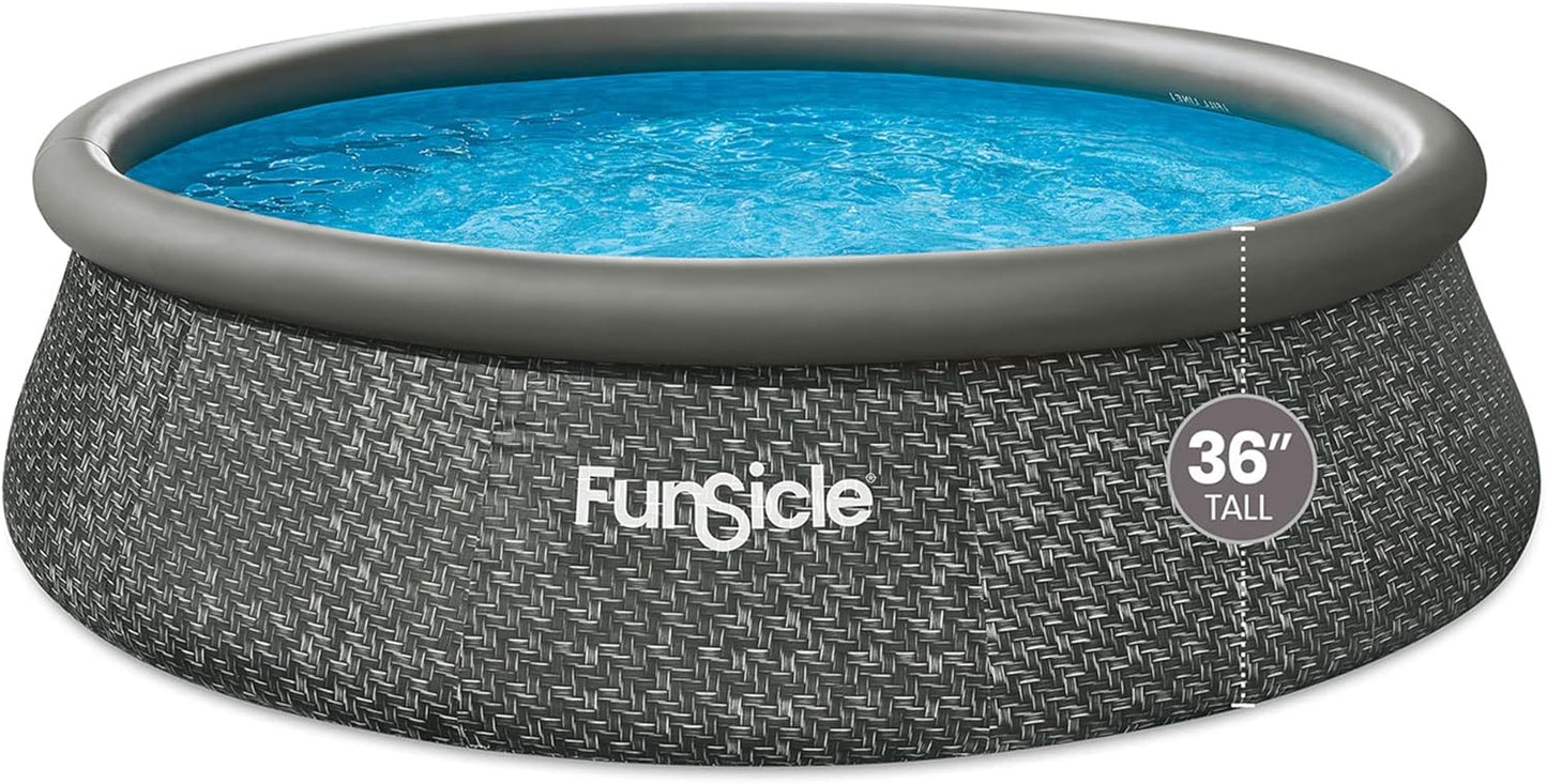 Funsicle 12 Foot by 36 Inch Quickset Round Inflatable Ring Top Outdoor Above Ground Swimming Pool Set with Pump and Cartridge Filter, Dark Herringbone
