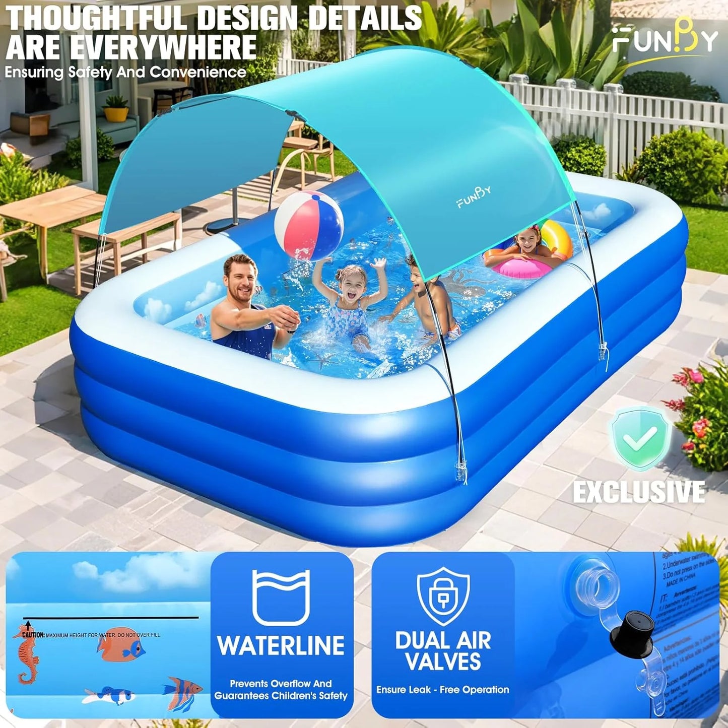 Inflatable Pool with Canopy,Upgraded Inflatable Swimming Pool for Kids,Adult,Large Inflatable Blow up Pools,Ocean Theme Oversized Thickened 105"x75"x25"Inflatable Family Pools for Backyard-Blue