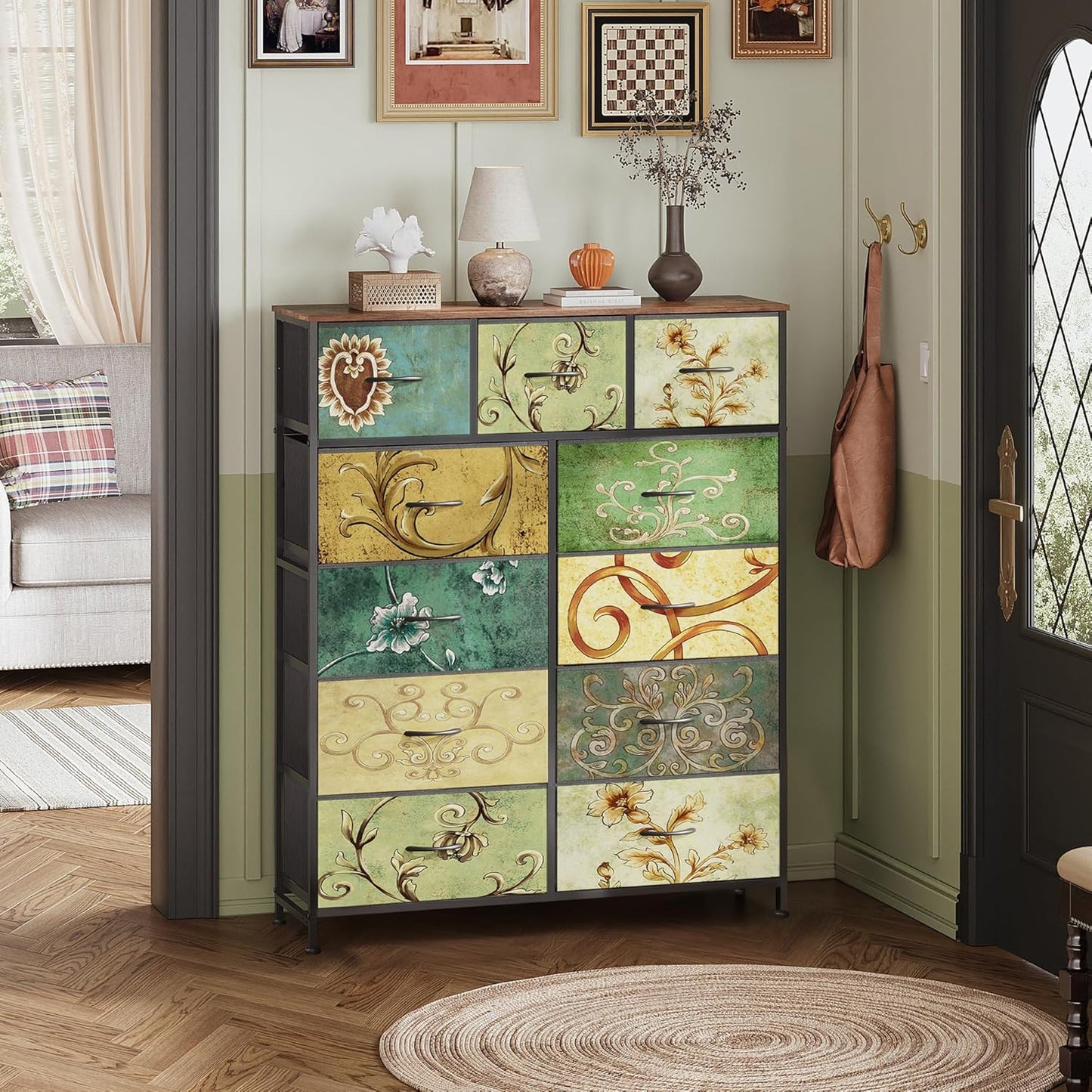 Storage Organizer Unit with 11 Fabric Bins, Storage Drawers Organizer with Steel Frame, Tall Storage Tower Organizaton