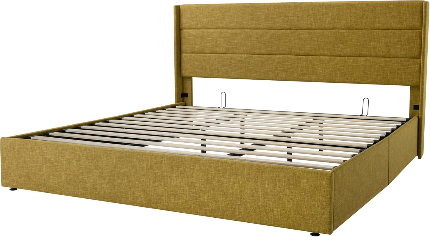 Allewie Queen Size Lift Up Storage Bed, Modern Wingback Headboard, Hydraulic Support, No Box Spring Needed, Light Beige