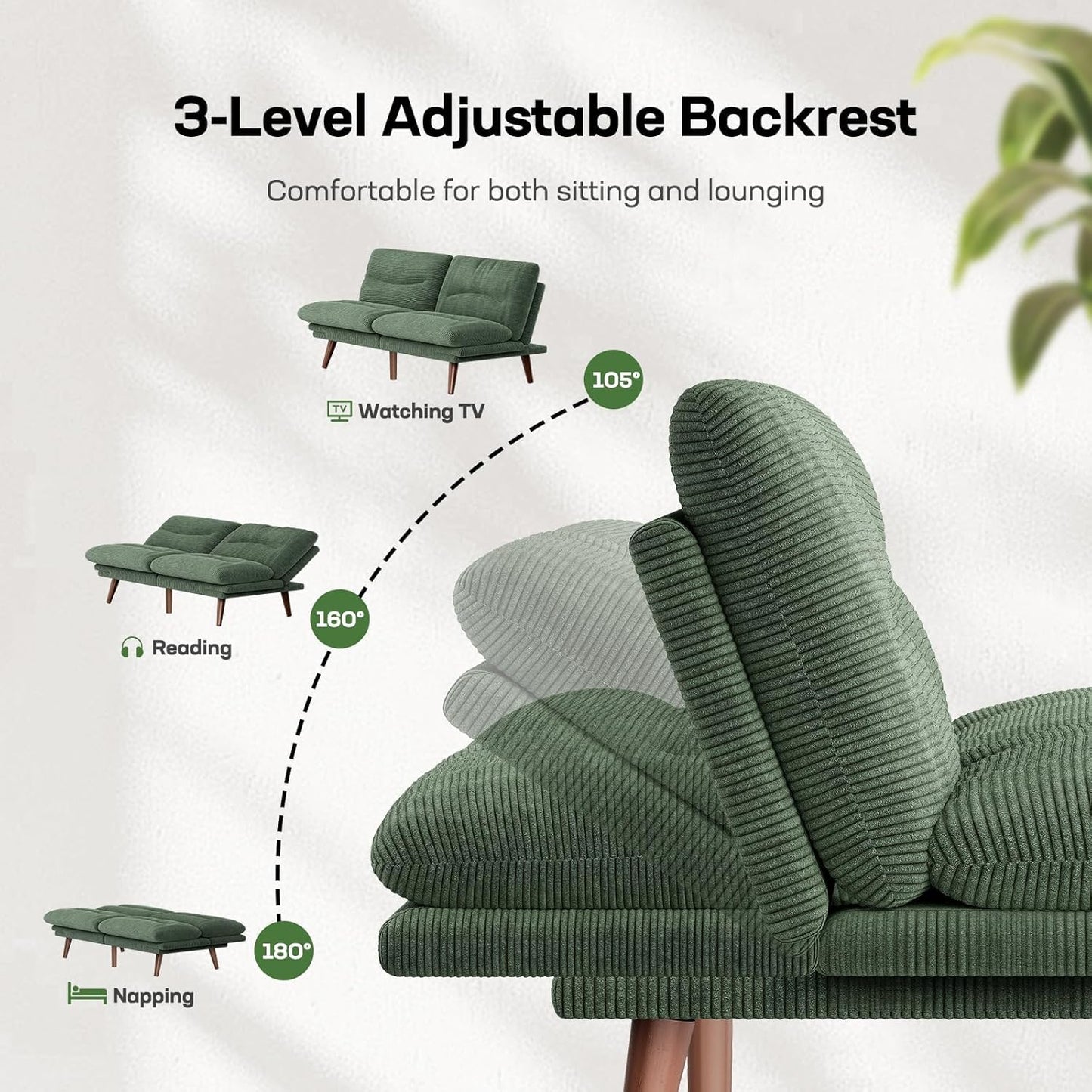 Futon Sofa Bed, Futon Sofa with Adjustable Back and Armrests, Converts to Small Sleeper Sofa Bed Corduroy Loveseat Green
