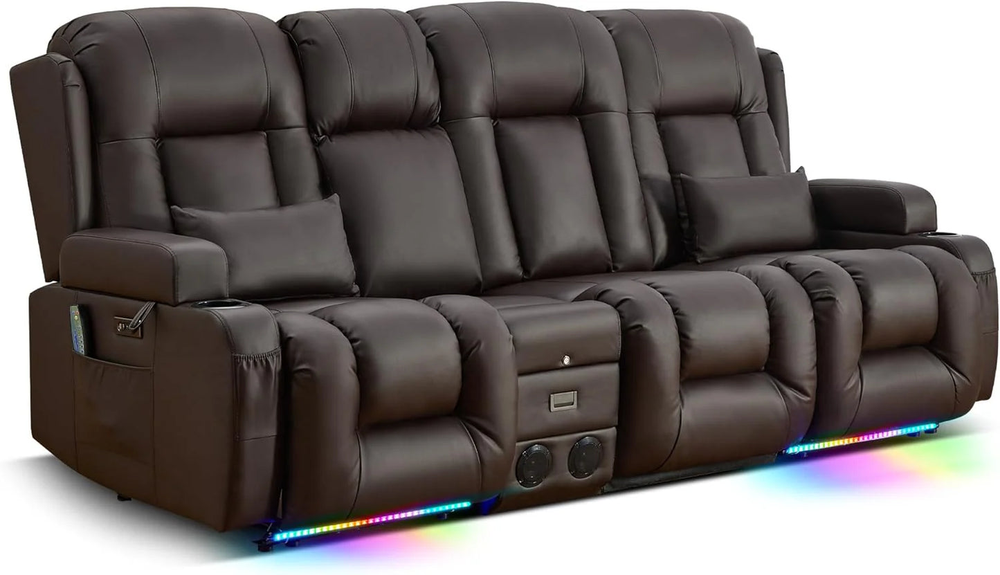 TUNYI Power Loveseat Recliner Sofa with Massage & Heat Home Theater Seating with Console Electric Recliner RV Sofa with USB/Outlet/Storage/Side Pocket/LED Light/Speaker (Brown, Loveseat)