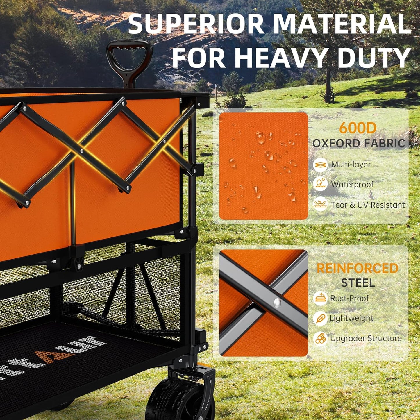 Foldable 50''L Extra Long Double Decker Wagon for Sport, 400L Collapsible Heavy Duty Wagon Cart with Big Wheels, Utility All-Terrain Large Extender Cart for Outdoors