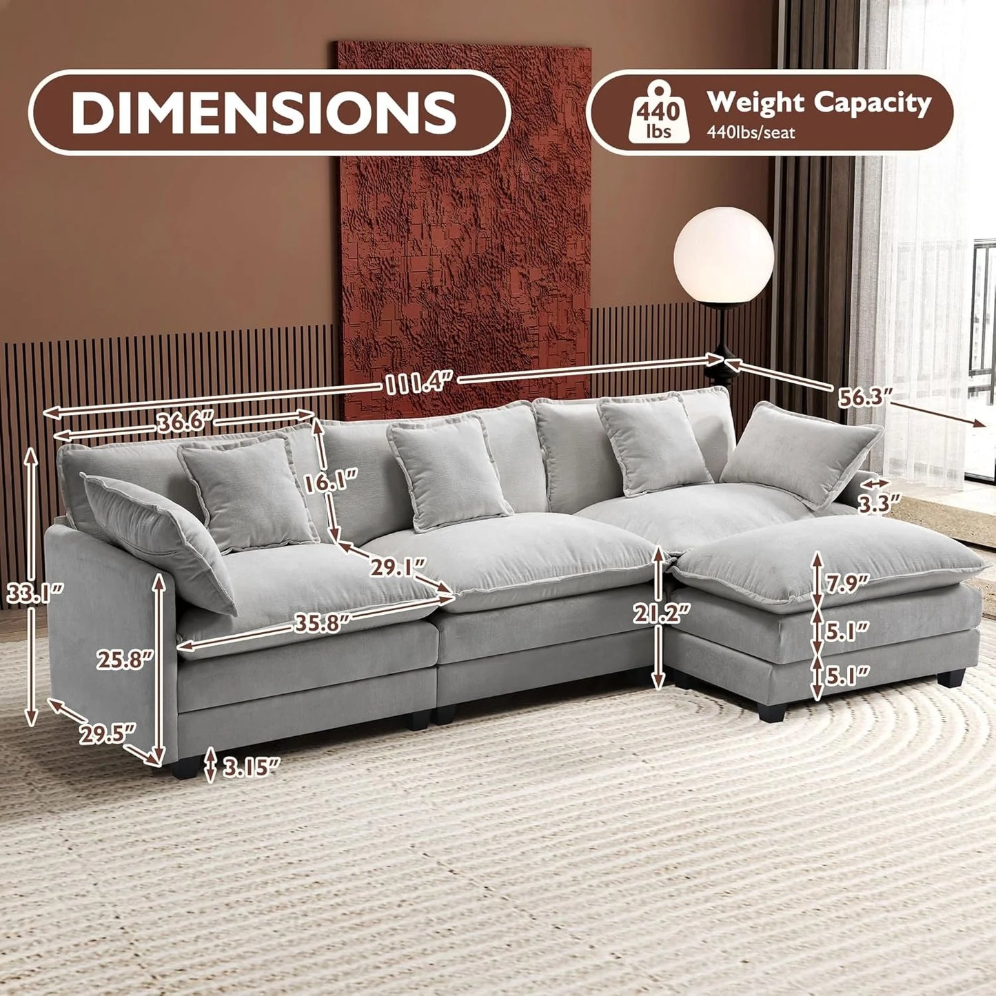 111.4 Inch L-Shaped Modern Sofa Modular Cloud Sofa with Ottoman, 4-Seater Chenille Deep Seat Sofa with Pillows for Living Room, Bedroom and Apartment, Beige