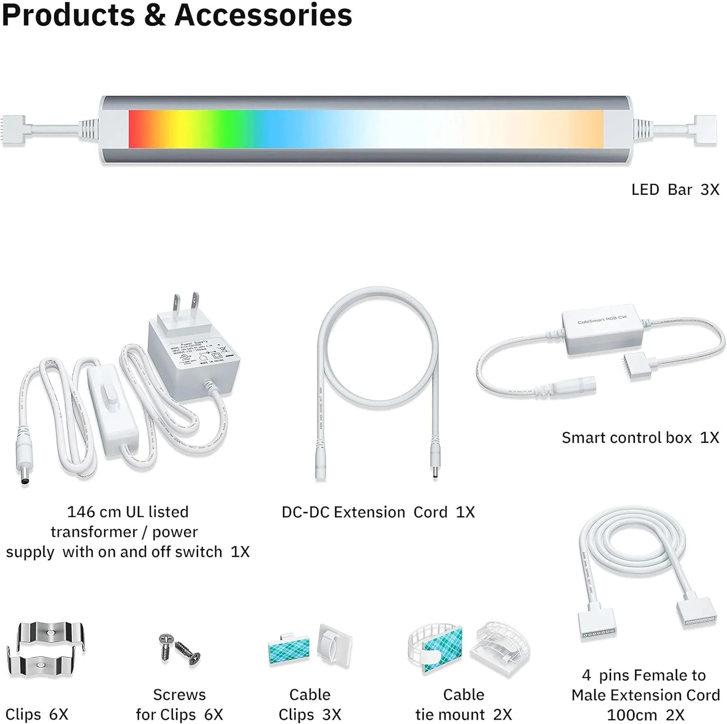 Smart under-cabinet lighting strip, white and color-changing dimmable