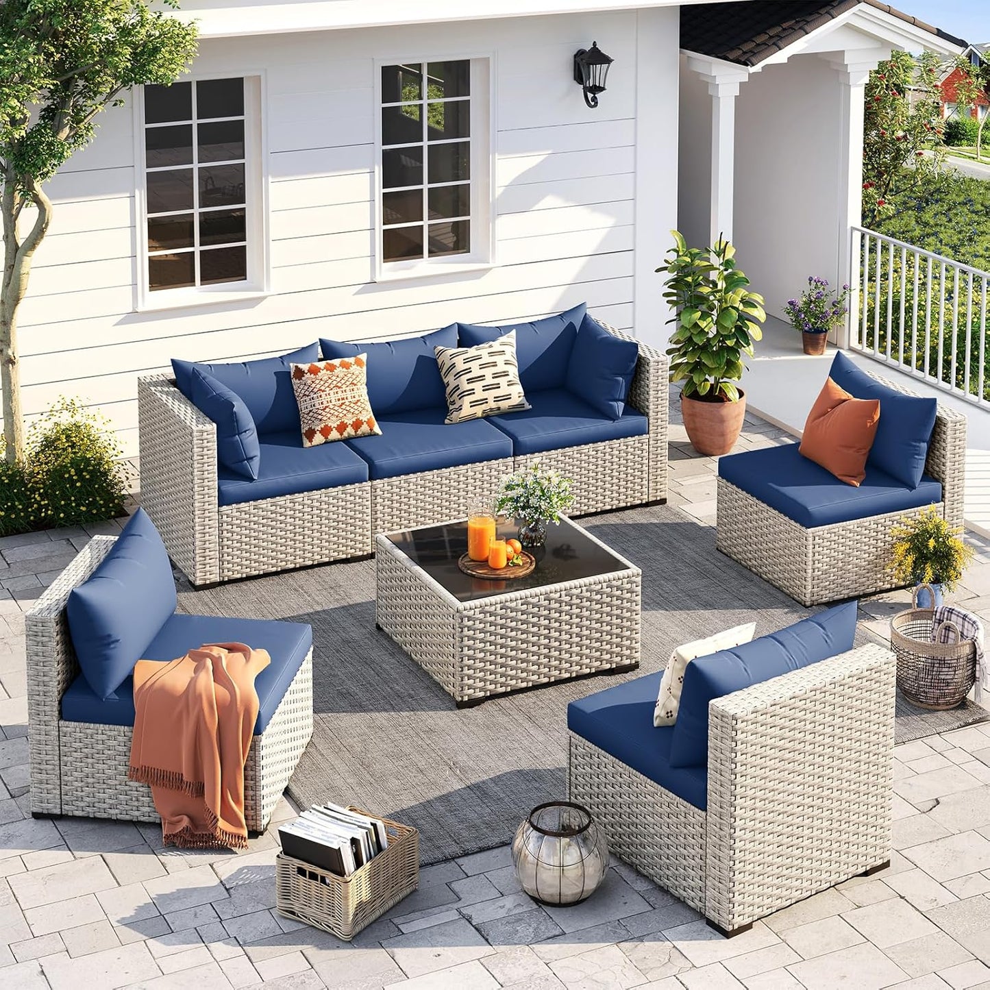 UDPATIO Outdoor Patio Furniture Set, 7-Piece PE Wicker Sectional Sofa with Tea Table, Outdoor Conversation Set