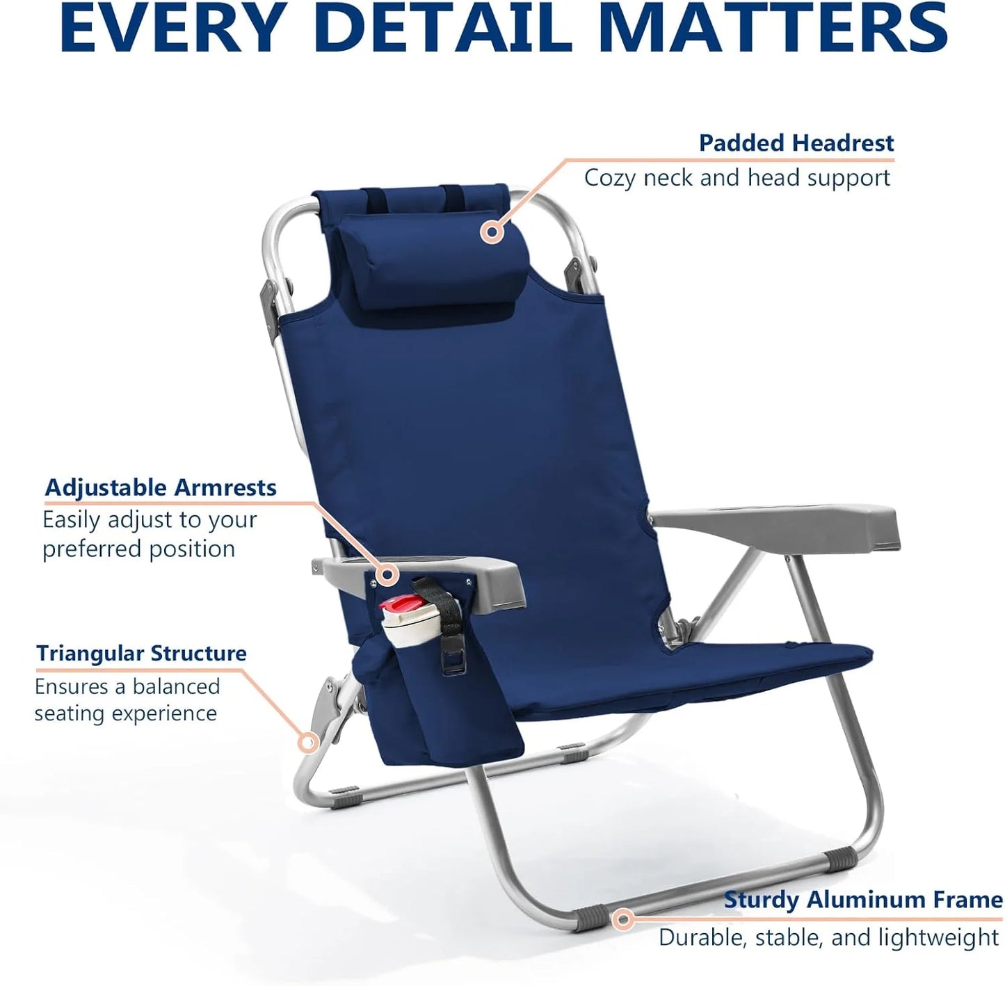 5-Position Aluminum Lay Flat Tall Backpack Beach Chairs 2 Pack Compact Portable Beach Chairs for Adults with Cooler Pouch, Storage Pouch, Towel Bar, Cup Holder & Phone Holder, Blue Stripe