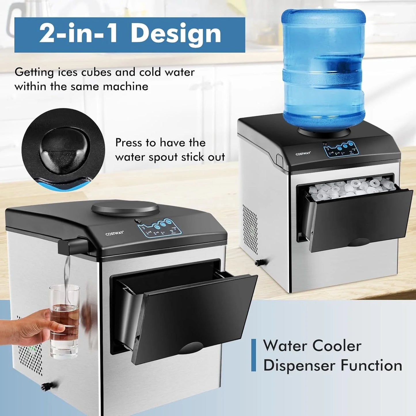 COSTWAY Countertop Ice Maker with Water Dispenser, 3 Sizes Bullet Shaped Ice, 48lbs/Day, Fast Ready in 6 Minutes, Ice Machine with Cold Water for Home Bar Kitchen Office