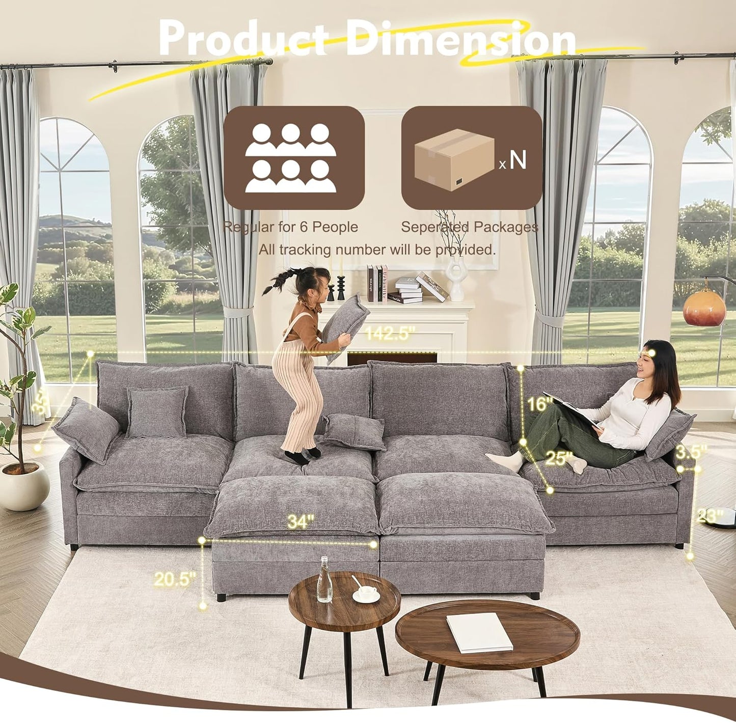 108" U-shaped sofa, modular sofa, three-seater comfortable cloud sofa