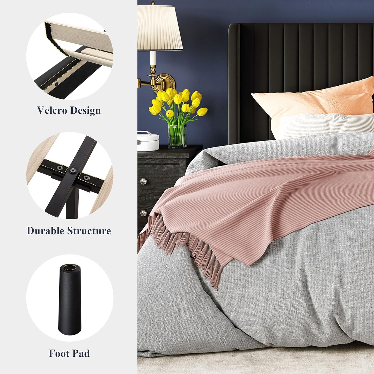 Allewie Full Size Velvet Bed Frame/Vertical Channel Tufted Wingback Headboard/Upholstered Platform Bed/Strong Wooden Slats/No Box Spring Needed/Easy Assembly/White