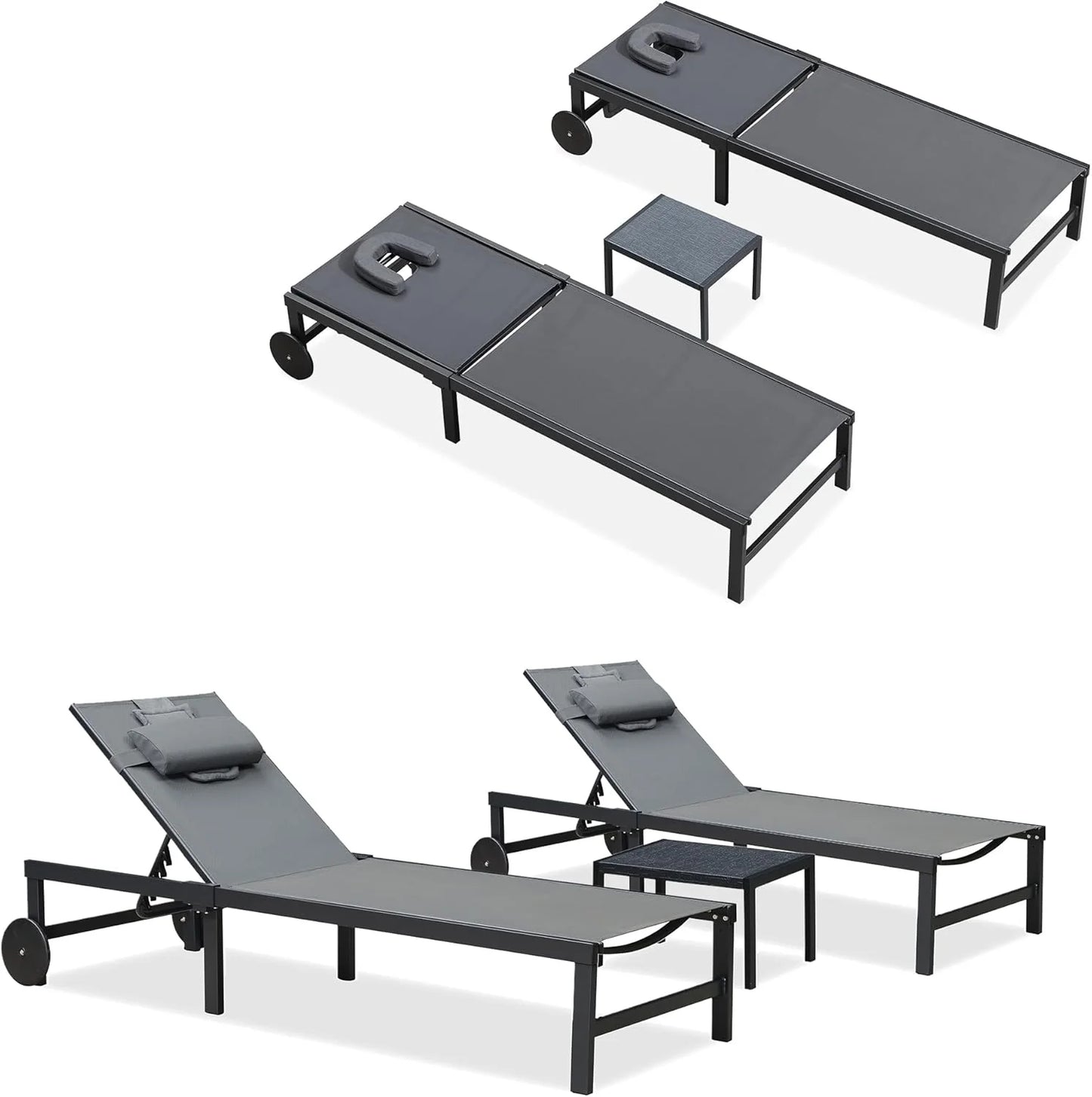 PURPLE LEAF Patio Tanning Lounge Chair Set with Face Down Hole Outdoor Aluminum Adjustable Reclining Chairs Wheels Pillows and Table for Poolside Beach Sunbathing Lounger, Beige