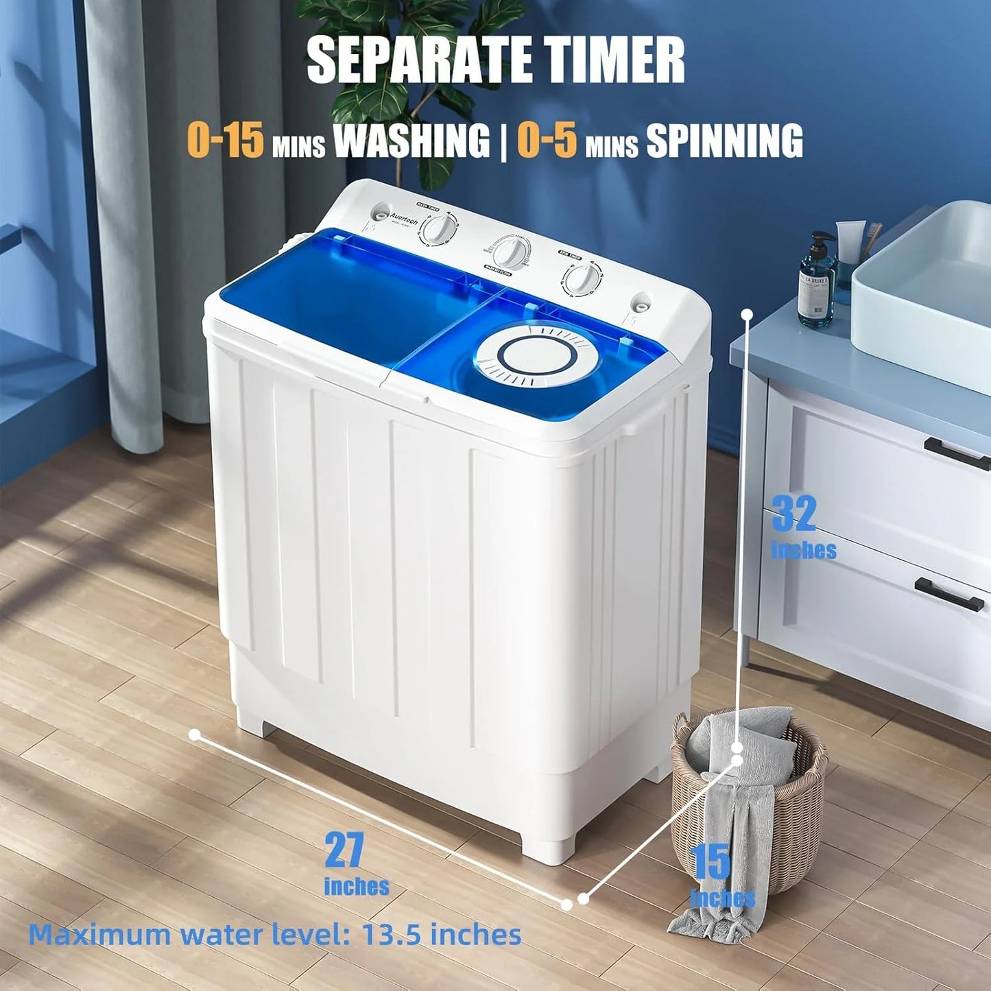 Auertech Portable Washing Machine 28lb Twin Tub Washing Machine Mini Compact Washing Machine with Drain Pump