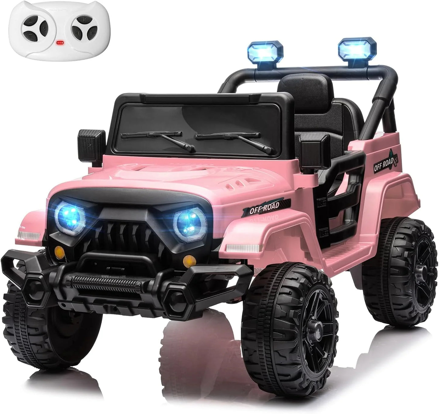 12V Kids Electric Ride on Truck Car Remote Control, Twin 35W Motors 3.5MPH Max Speed, Bluetooth USB Music Player, 4 Wheels Suspension LED Lights Safety Belt, Gift for Boy & Girl-Rosy