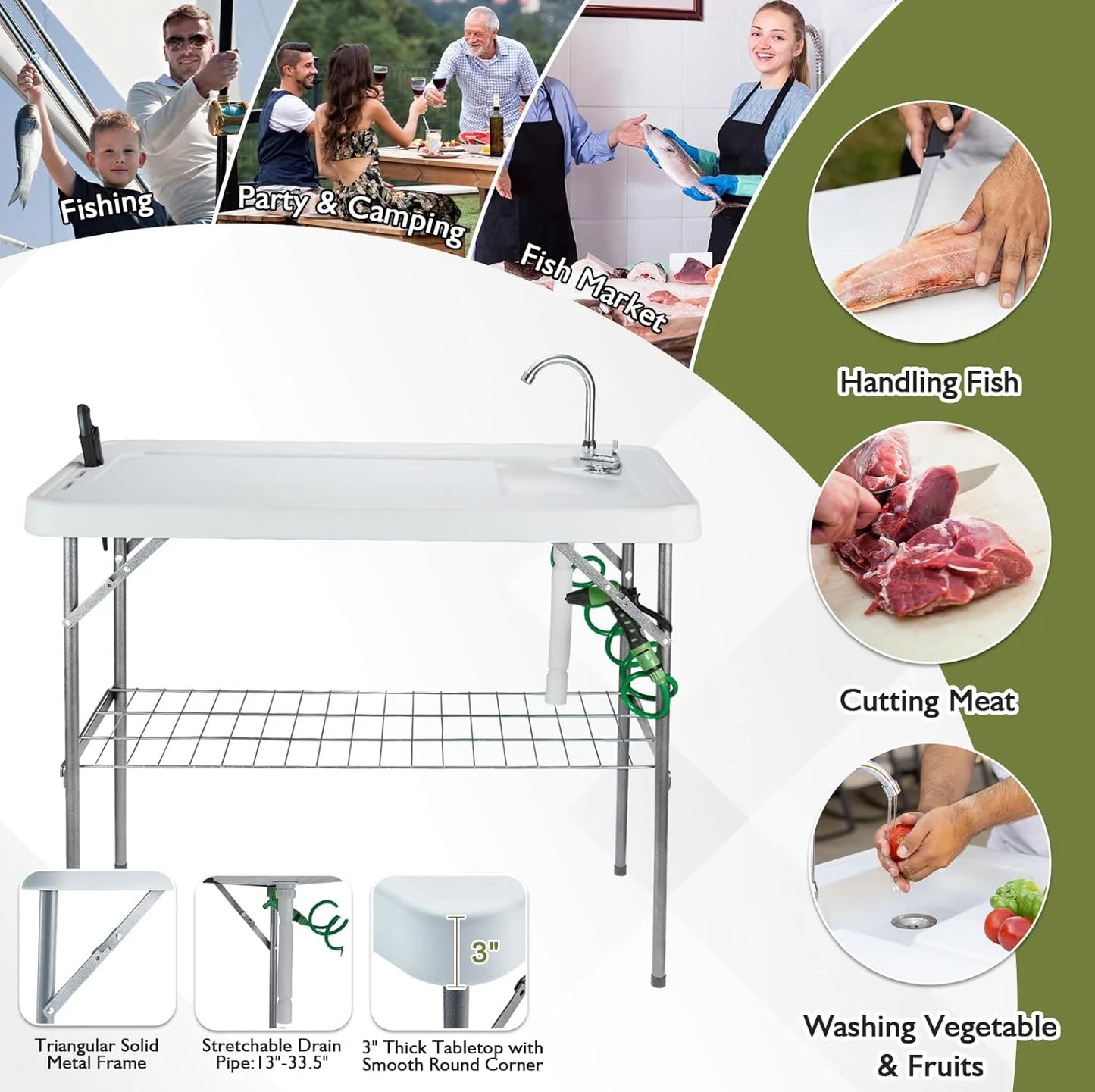 Folding Fish Cleaning Table Portable Camping Sink Table with Faucet Drain Hose and Sprayer Outdoor Fish Fillet Cleaning Station