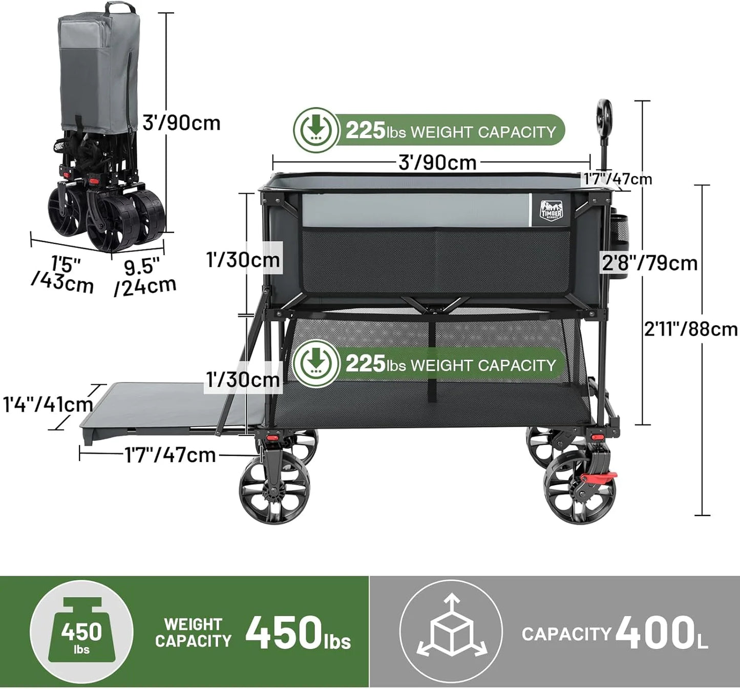 400L Large Capacity Folding Double Decker Cart with Brakes, 54 Inch Extra Long Extended Cart, 450 Pounds Heavy Duty Folding Cart
