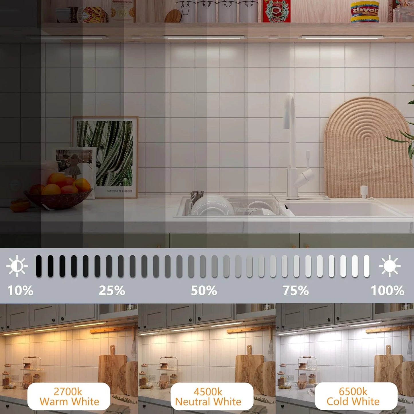 Smart under-cabinet lighting strip, white and color-changing dimmable