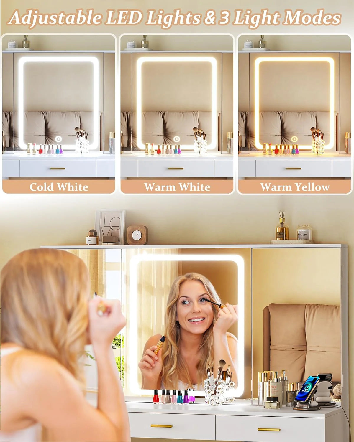 Vanity Desk with Mirror and Lights 39.3in Makeup Vanity with Large Mirror