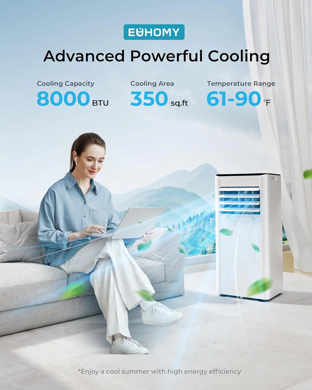 EUHOMY 8,000 BTU Portable Air Conditioners, 4-in-1 Portable AC Unit Up to 350 Sq.Ft, 4 Modes Quiet Air Conditioner with Remote Control, Cool, Fan, Dehumidifier, 24H Timer, Bedroom, Office, Apartments