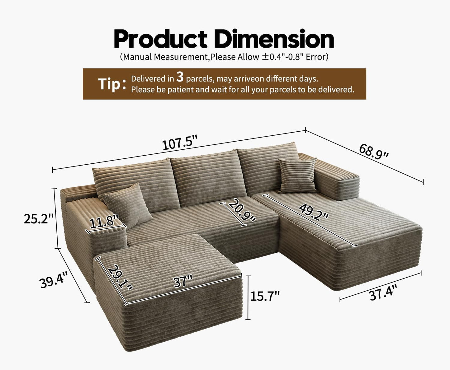 107.5 inch Cloud Modular Sectional Sofa with L-Shaped Chaise Lounge, Modern Minimalist Upholstered Sofa Deep Seating Corner Sofa