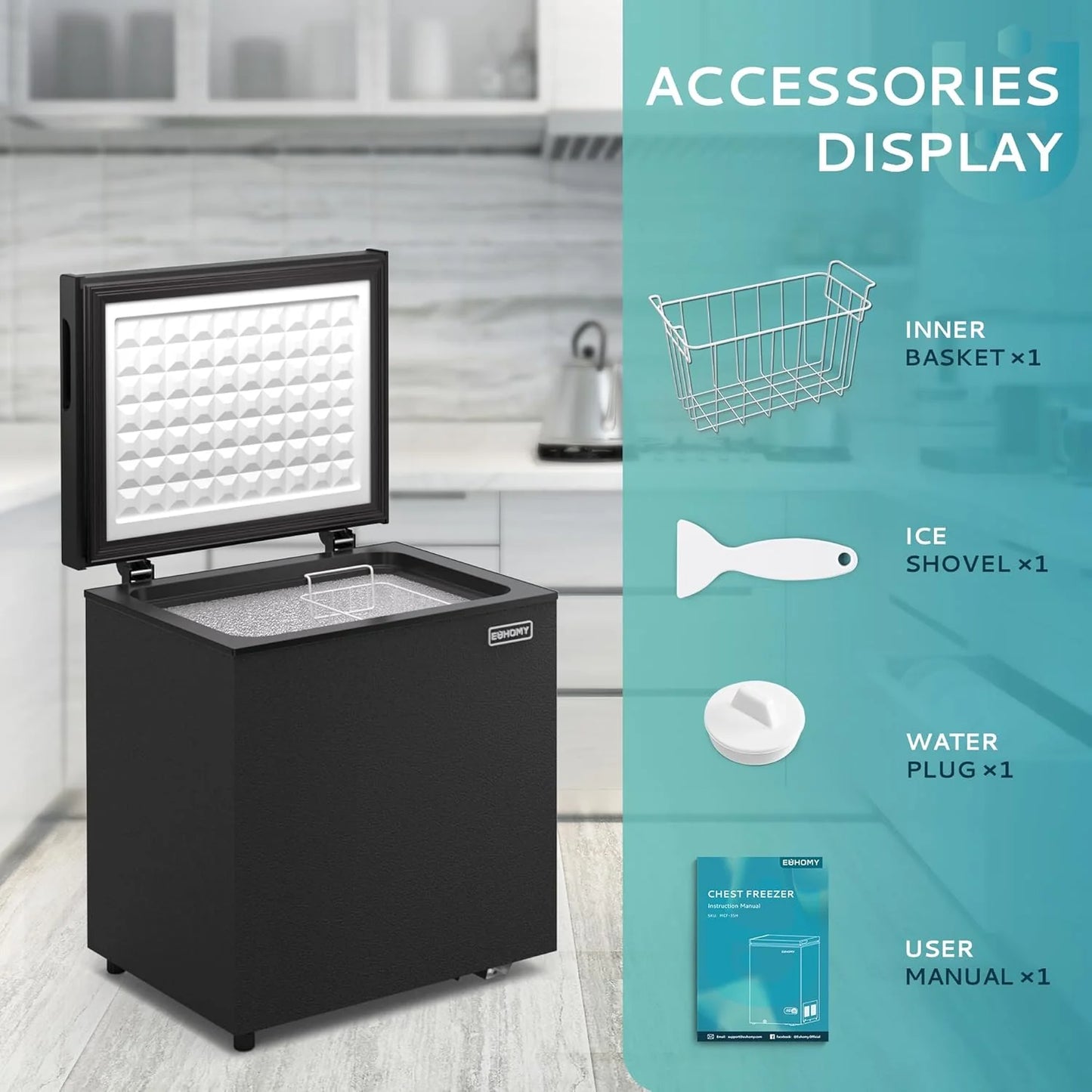 EUHOMY 3.5 Cu.Ft Chest Freezer with Removable Basket, Small Deep Freezer Adjustable 7 Thermostat, Quiet Mini Freezer Free-Standing Top Door, Energy Saving for Apartment/Garage/Basement/Dorm/Home,Black