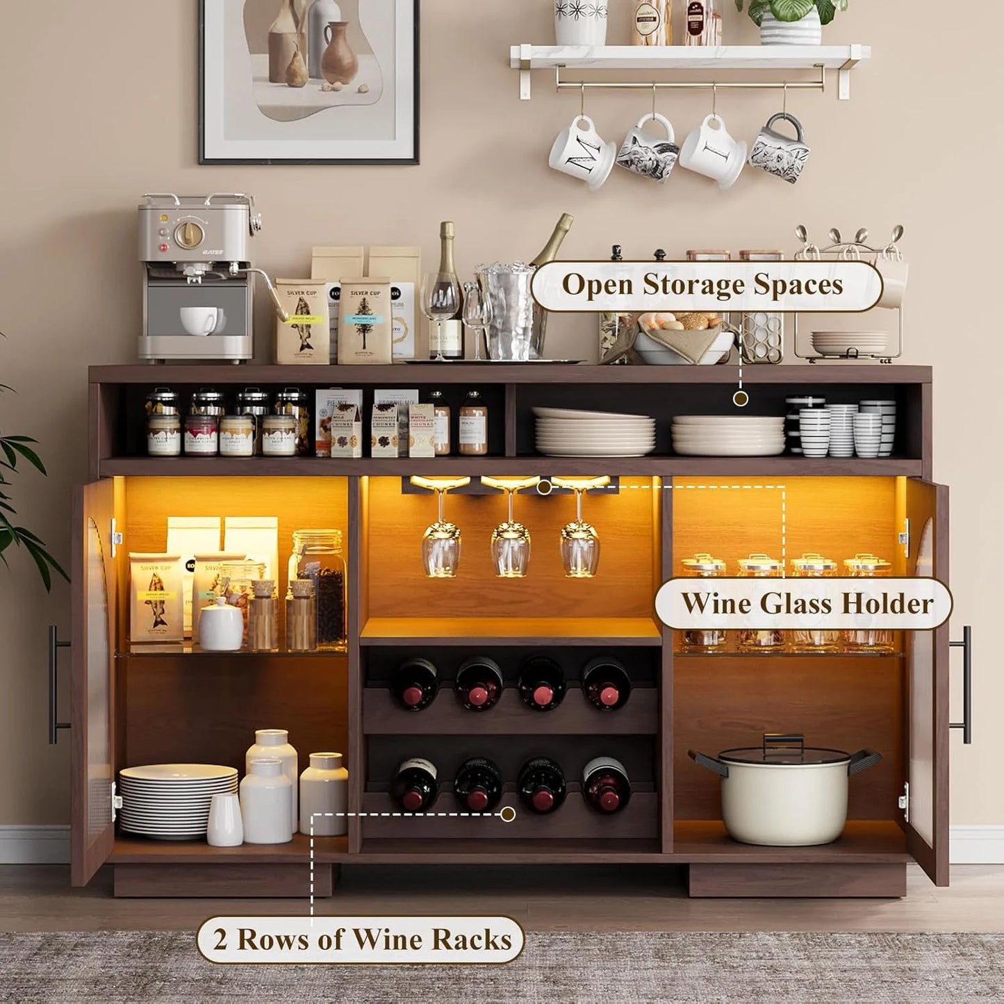 Sideboard, 54-inch kitchen cabinet with LED lights and arched glass doors, tall bar cabinet