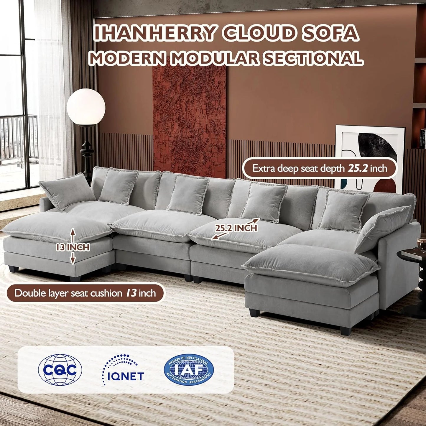 111.4 Inch L-Shaped Modern Sofa Modular Cloud Sofa with Ottoman, 4-Seater Chenille Deep Seat Sofa with Pillows for Living Room, Bedroom and Apartment, Beige