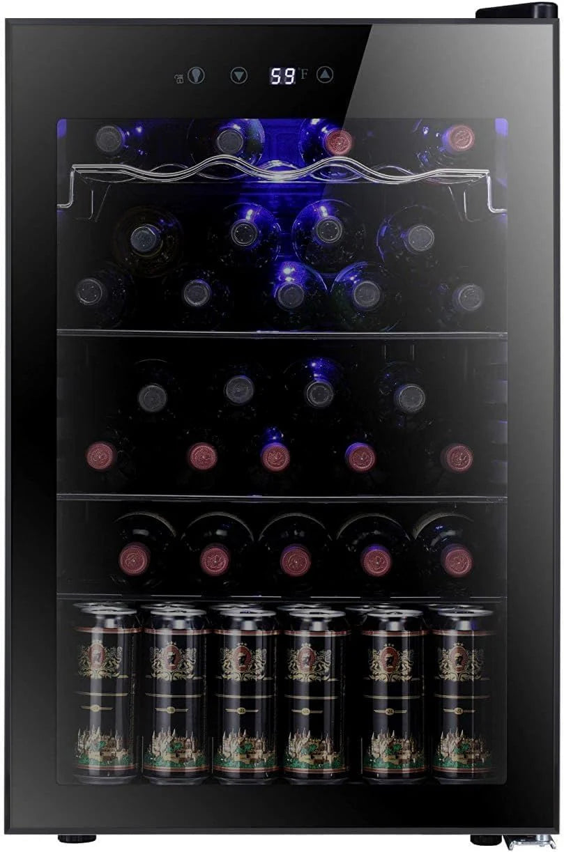 Antarctic Star 26 Bottle 130 Can Wine Cooler/Cabinet Beverage Refrigerator Mini Wine Cellar Beer Soda Clear Glass Door Bar Fridge Quiet Compressor Adjust Temp Freestanding Indoor Use 3.2cu.ft Black