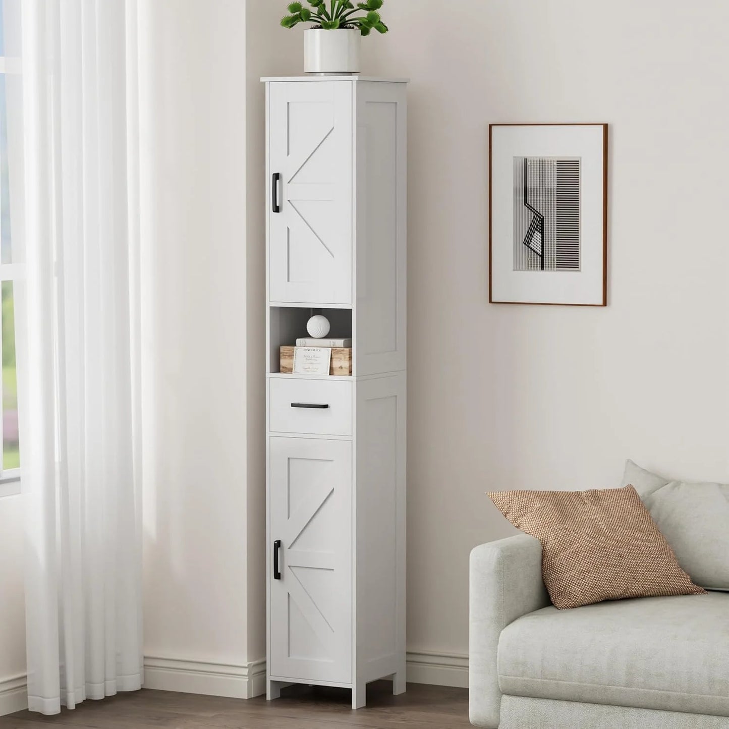 Homhedy 67" H Tall Bathroom Storage Cabinet with 2 Barn Doors and 1 Drawer, Narrow Storage Unit, Adjustable Shelves, Floor Cabinet for Bathroom, Living Room, Entryway, Kitchen, White, (15.7" W)