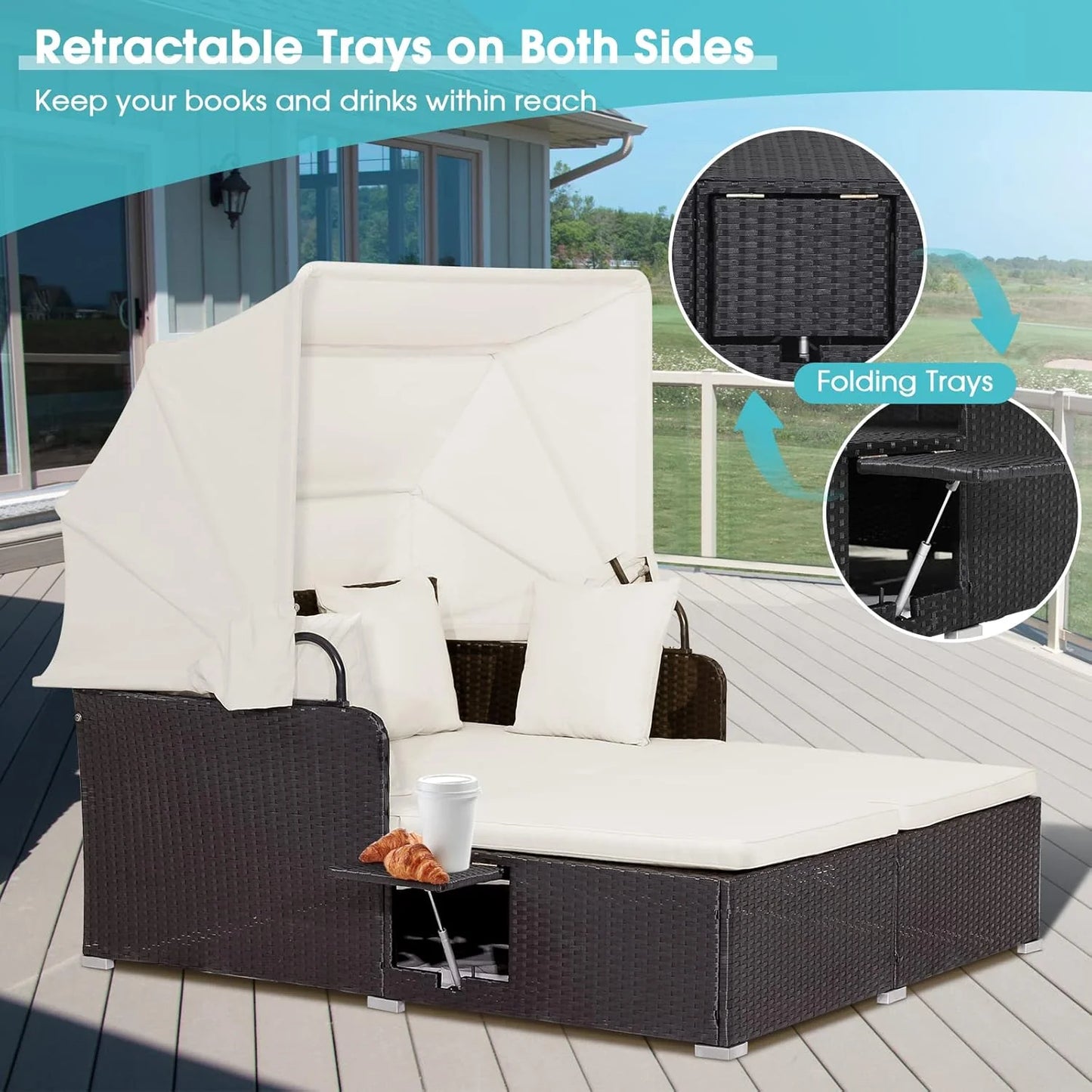 RELAX4LIFE Patio Outdoor Daybed with Canopy, Wicker Sunbed w/Cushions, 4 Pillows & 2 Retractable Side Trays, 2-Person Lounge Bed Conversation for Poolside Porch Garden, Rattan Outdoor Bed (Turquoise)