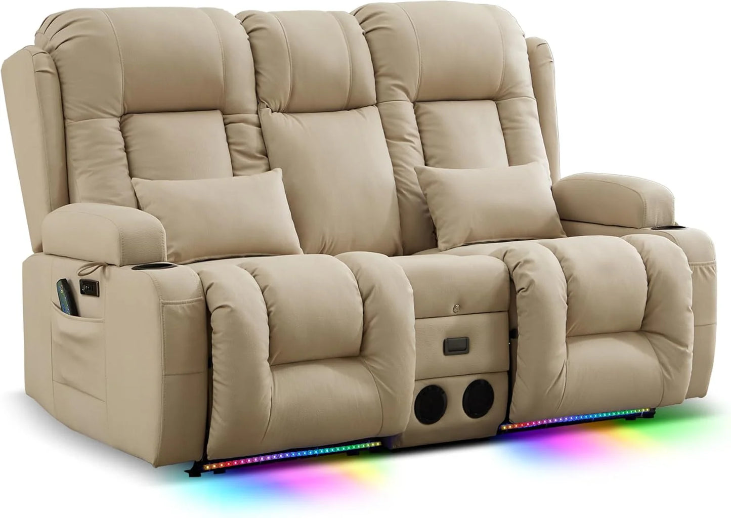 TUNYI Power Loveseat Recliner Sofa with Massage & Heat Home Theater Seating with Console Electric Recliner RV Sofa with USB/Outlet/Storage/Side Pocket/LED Light/Speaker (Brown, Loveseat)