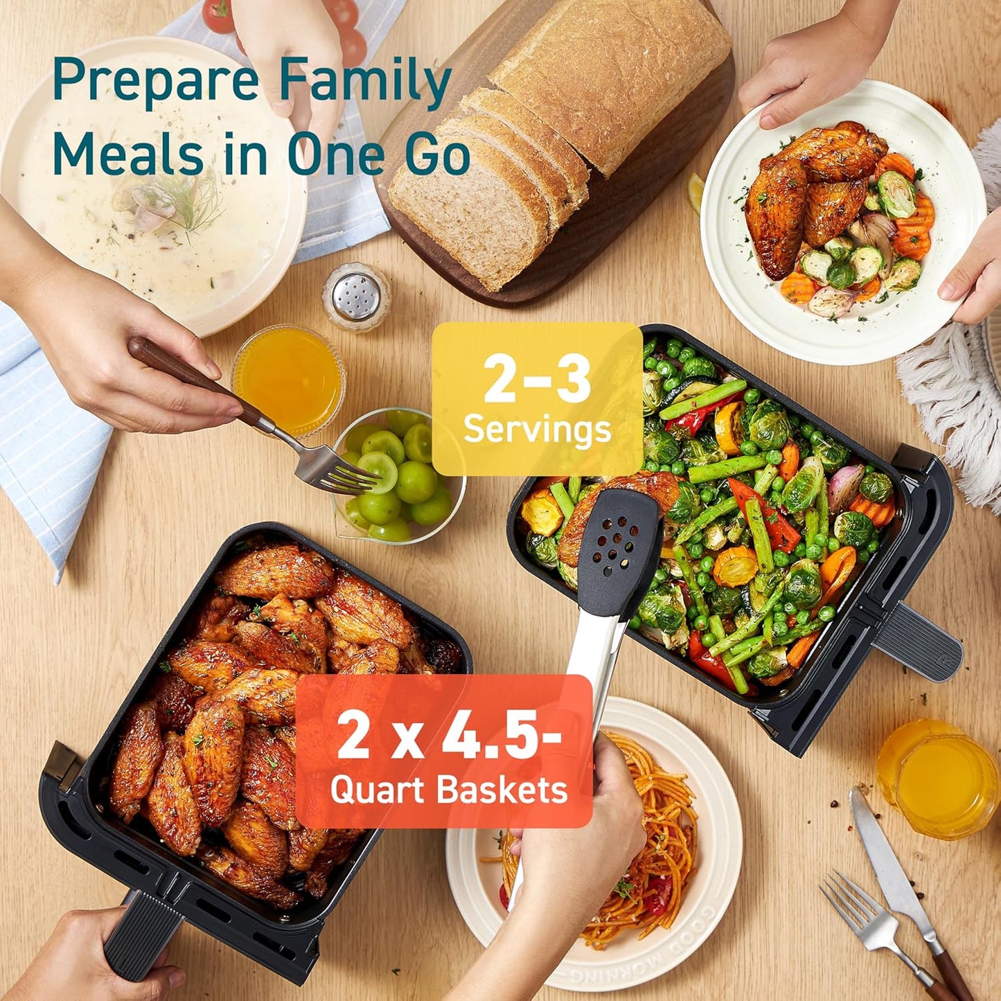 COSORI 9Qt 10-in-1 Dual Air Fryer, Fresh Balanced Meals for Family and Children with Double Baskets, Sync Cook & Finish to Bake, Roast, Reheat, Broil & 130 Recipes for Easy Cooking, Dishwasher Safe