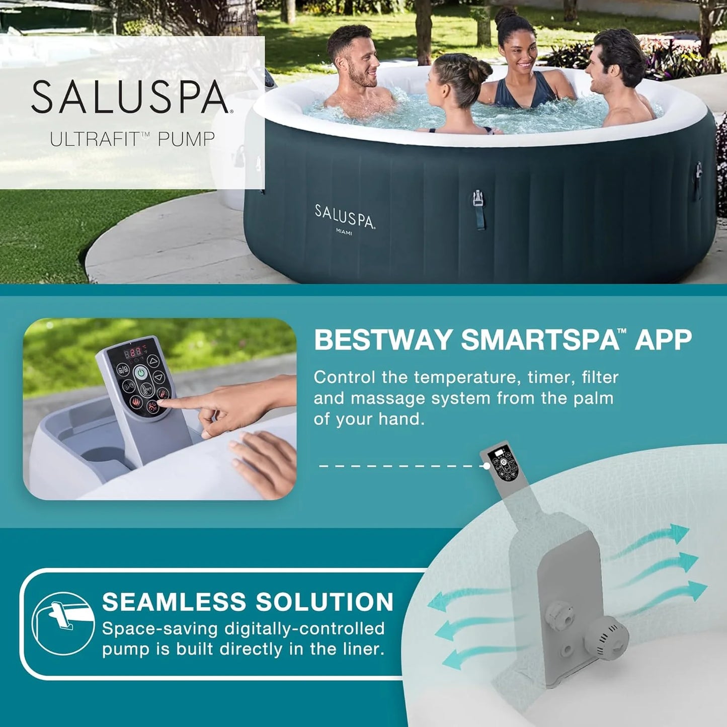 SaluSpa Aruba AirJet Large Round 2 to 3 Person Inflatable Hot Tub Portable Outdoor Spa with 110 AirJets and EnergySense Cover, Grey
