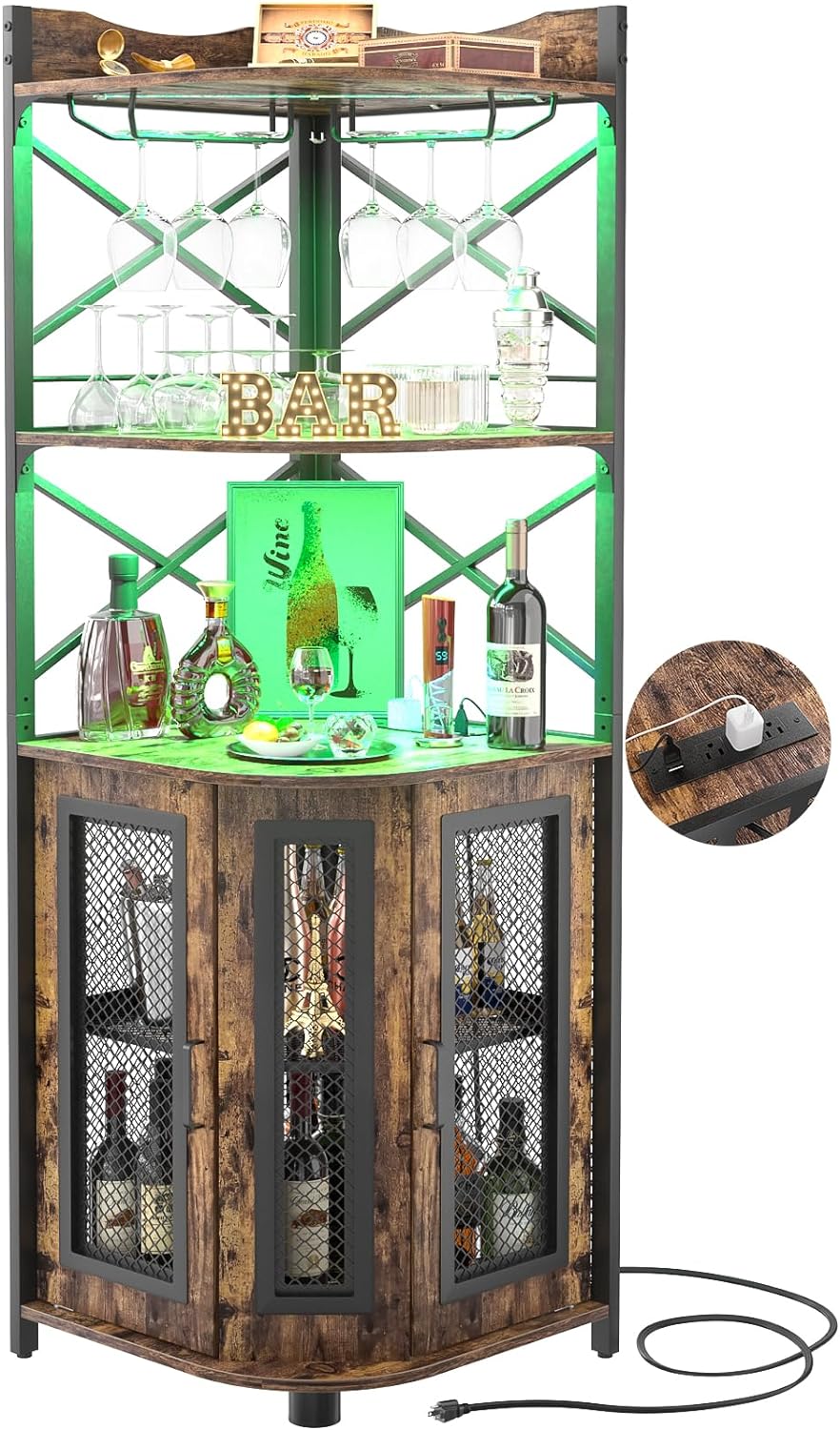 Corner bar cabinet with power socket, industrial style wine cabinet with LED light strip and glass rack, home five-layer wine cabinet bar unit, small space corner display cabinet