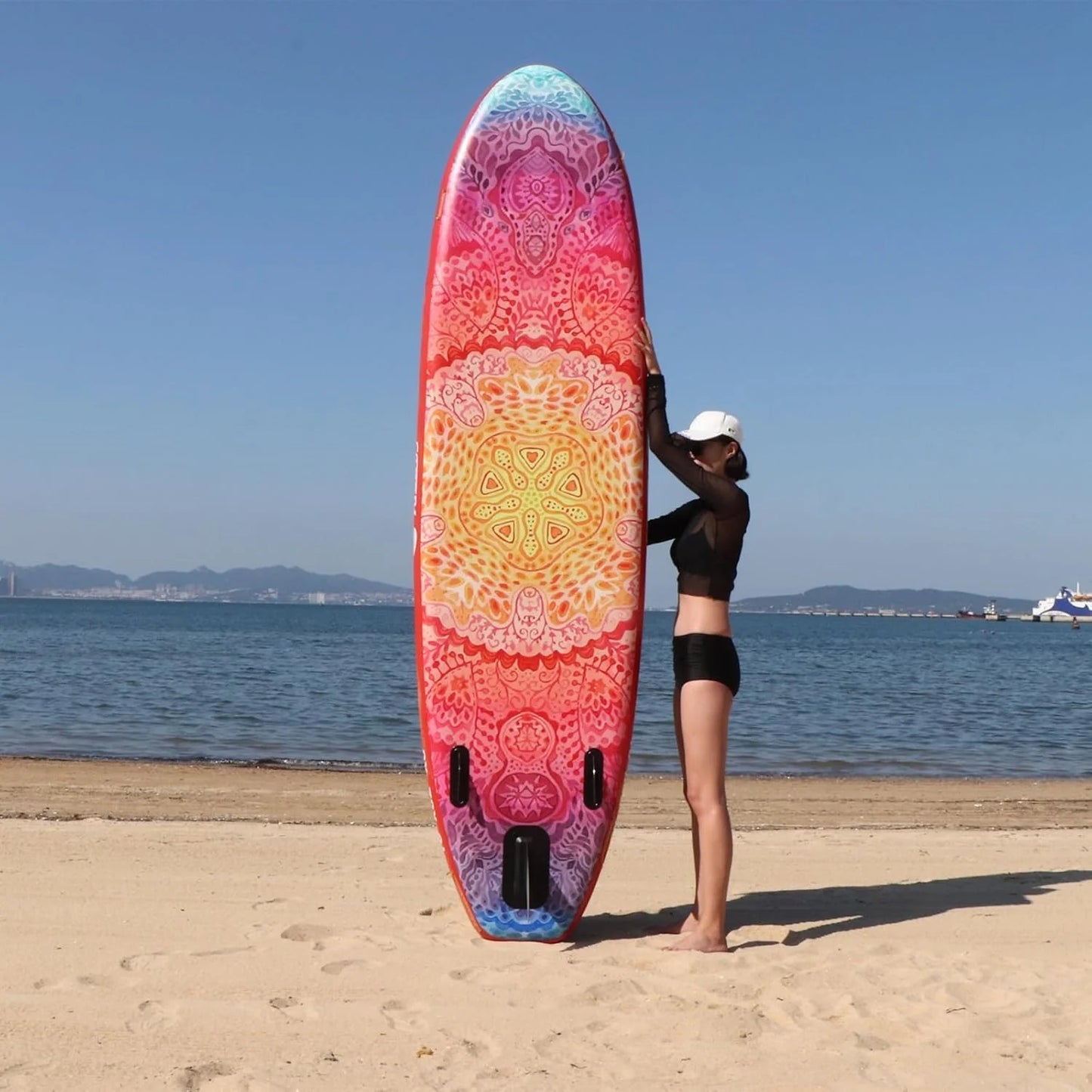 Inflatable wide SUP board with SUP carrying bag, hand pump, 10L waterproof bag and adjustable paddle