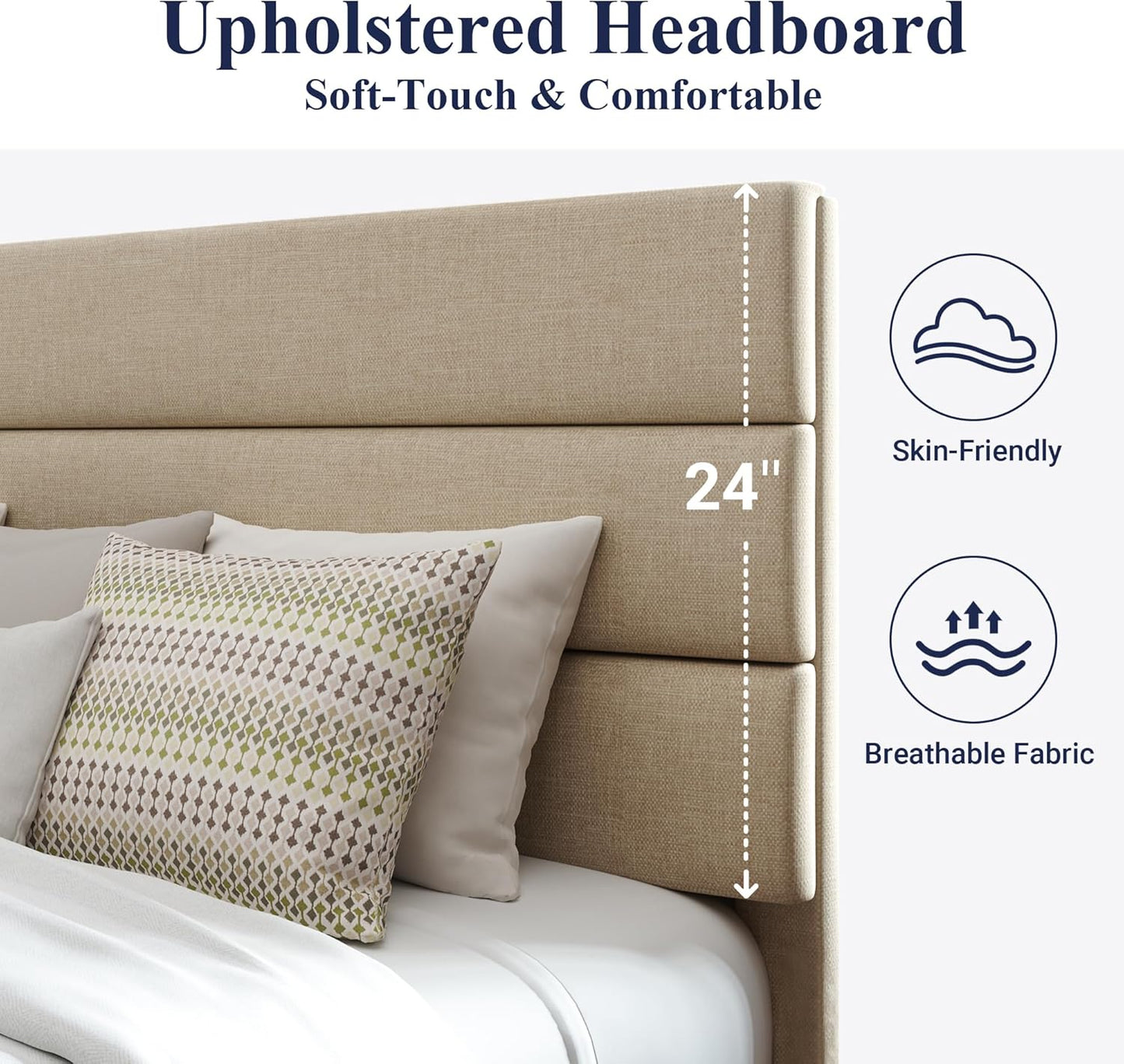 Allewie Queen Size Platform Bed Frame with Fabric Upholstered Headboard and Wooden Slats Support, Fully Upholstered Mattress Foundation/No Box Spring Needed