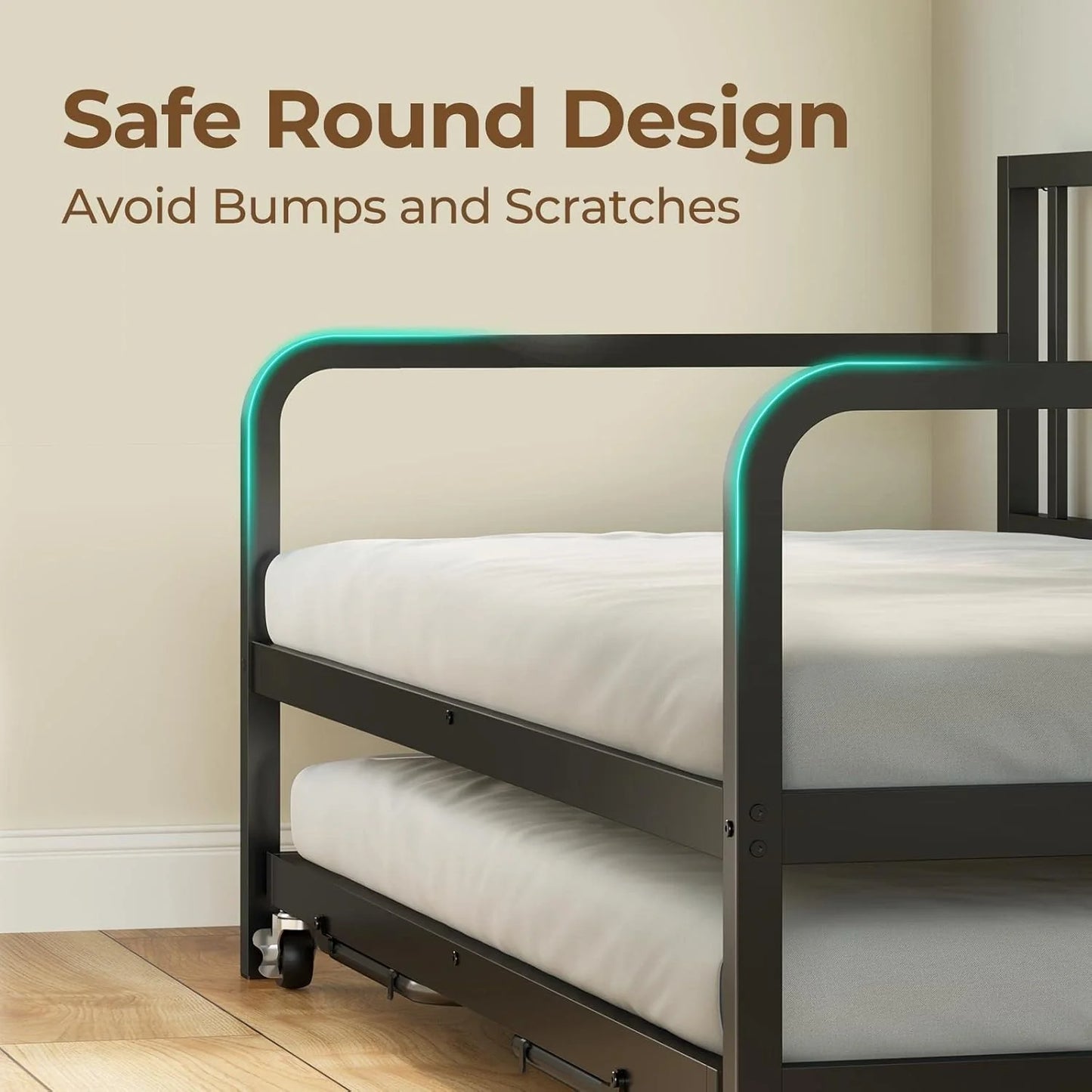 Rolanstar Daybed with Charging Station and LED Lights, Height Adjustable Twin Daybed with Trundle, Metal Sofa Bed Frame with Steel Slat Support