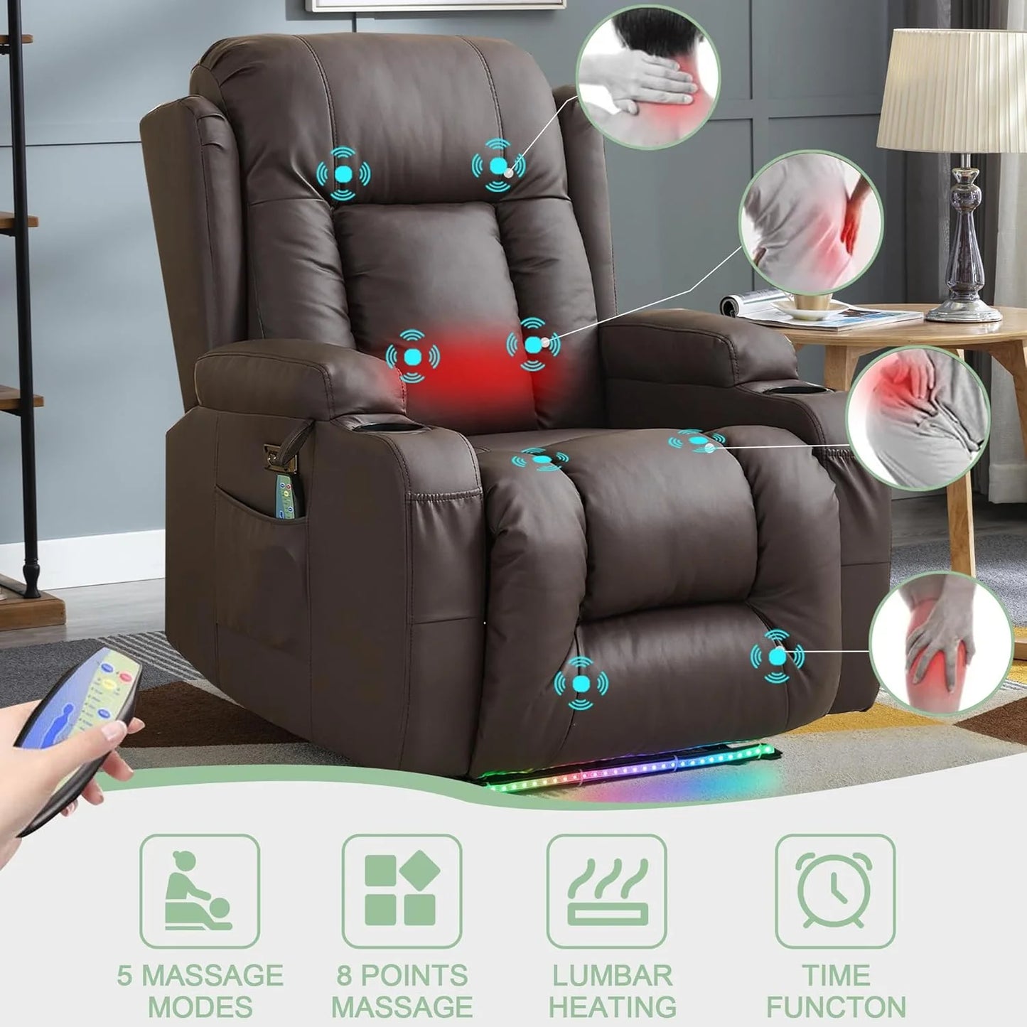 TUNYI Power Loveseat Recliner Sofa with Massage & Heat Home Theater Seating with Console Electric Recliner RV Sofa with USB/Outlet/Storage/Side Pocket/LED Light/Speaker (Brown, Loveseat)