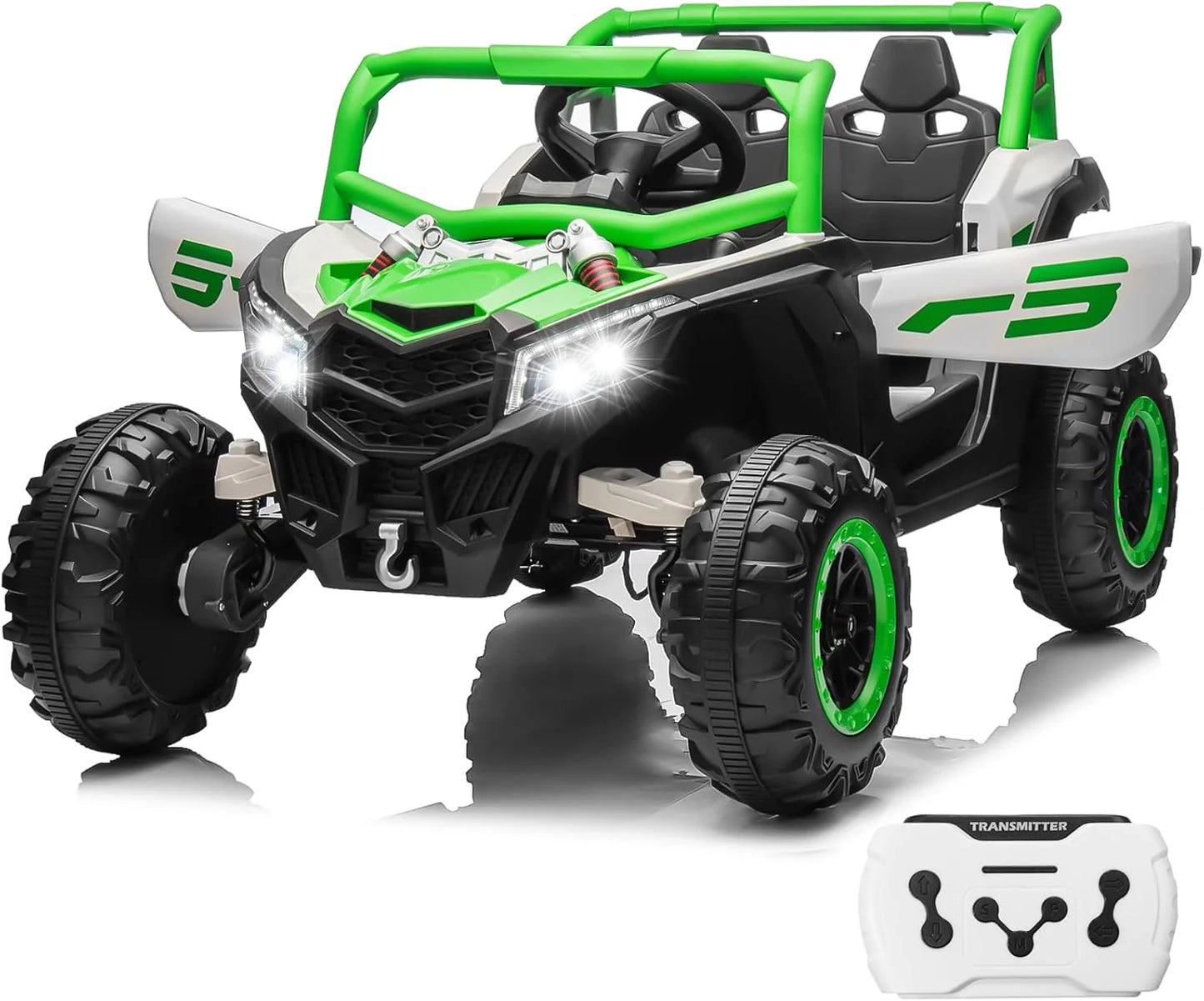 JOYRACER Kids Remote Control Car with 4 x 150W Motors, Shock Absorbers, Bluetooth, MP3 Player, and Headlights