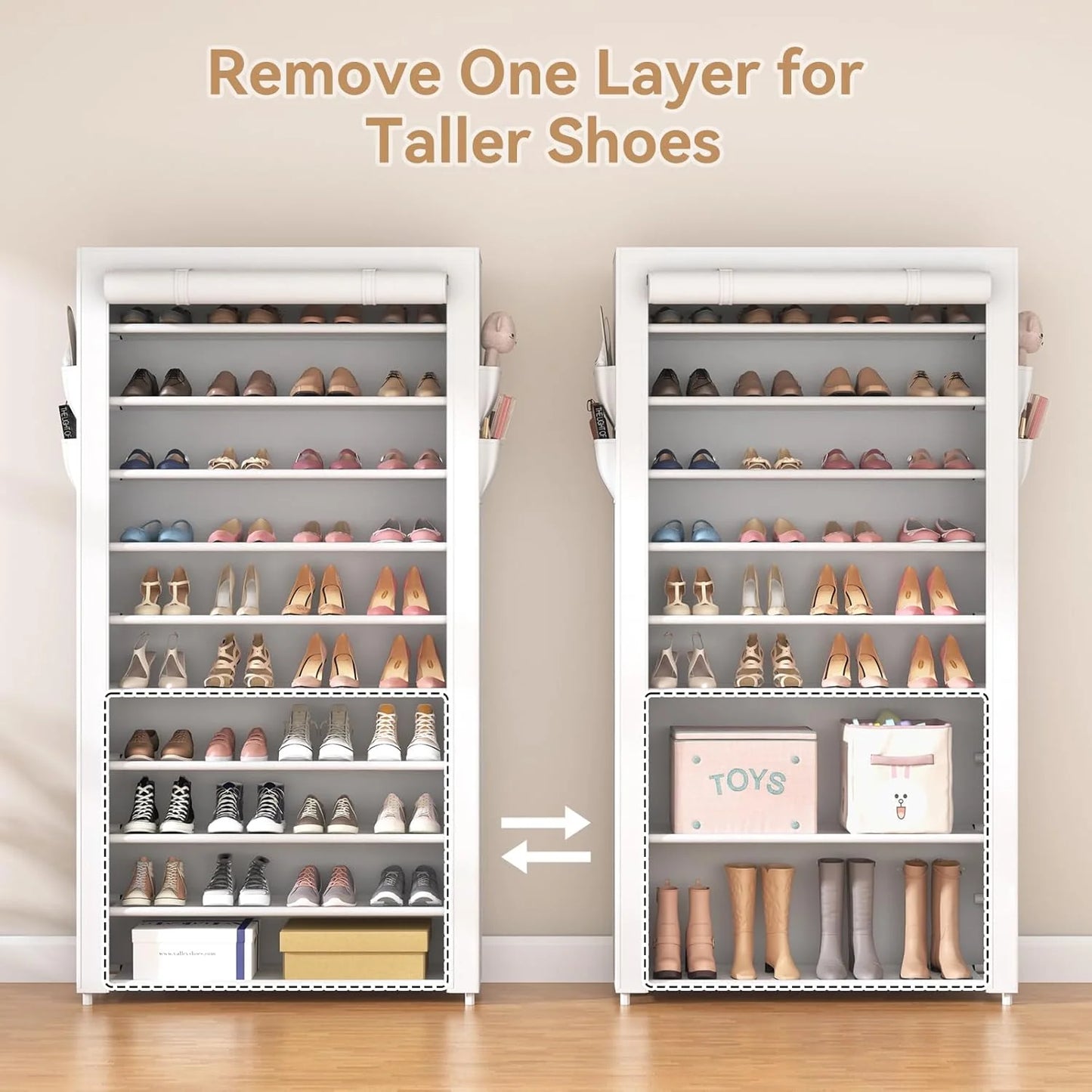 ROJASOP 10 Tier Shoe Rack with Covers,Large Capacity Stackable Tall Shoe Shelf Storage to 50-55 Pairs Shoes and Boots Sturdy Metal Free Standing Shoe Rack Organizer for Closet Entryway Garage